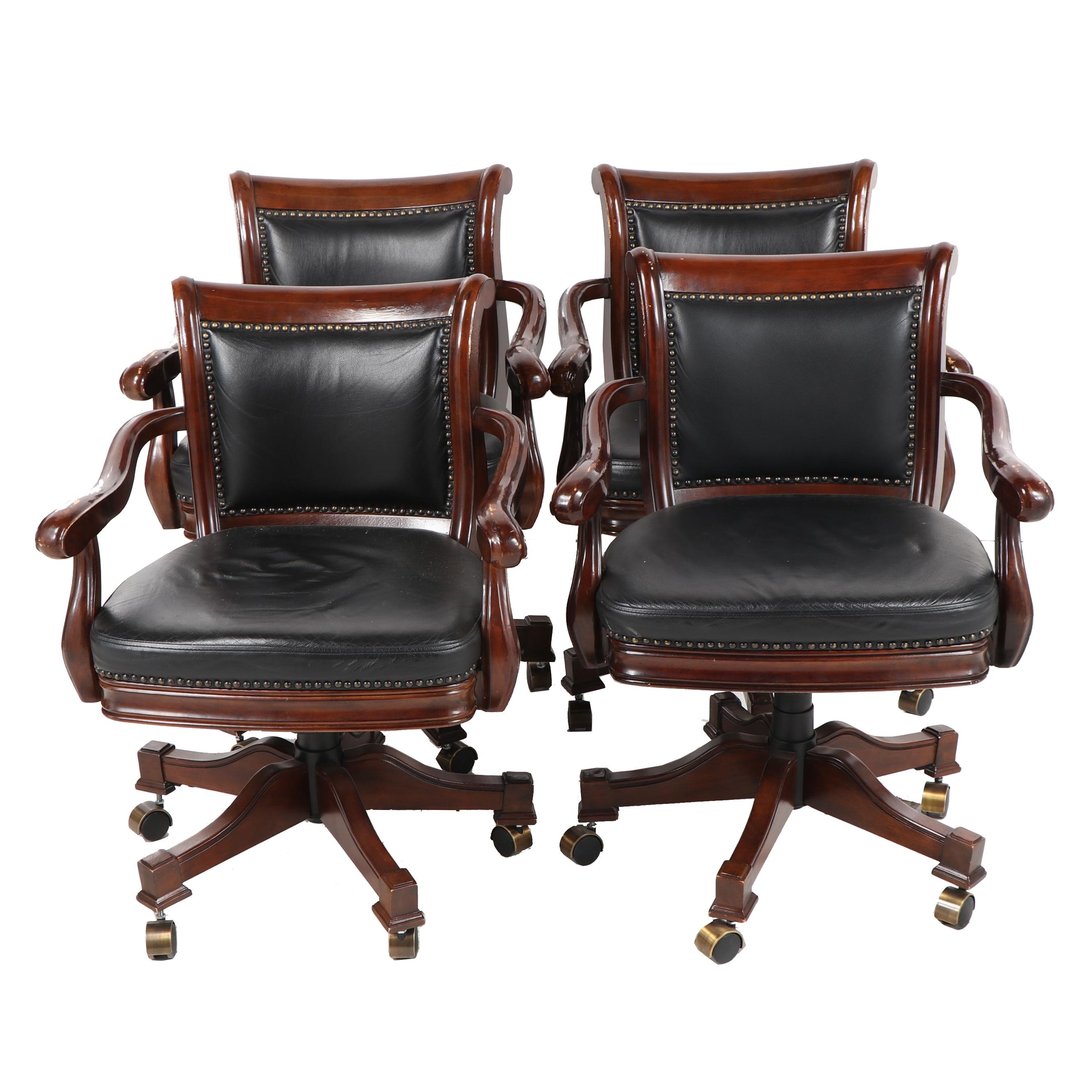 Leather Upholstered Stained Poplar Office Armchairs on Casters, 20th Century