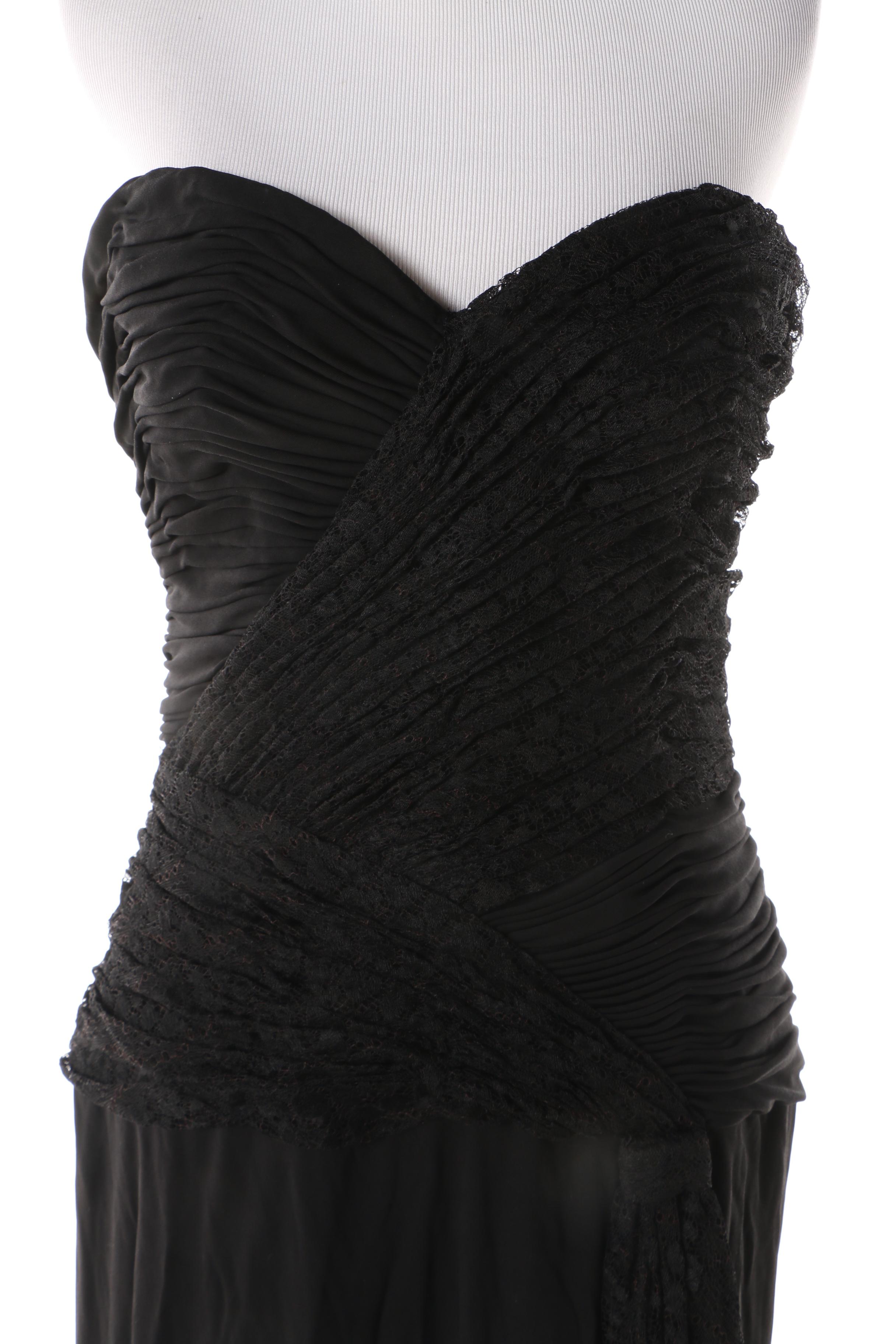 1980s Loris Azzaro Black Strapless Ruched Bodice Gown, Made in France