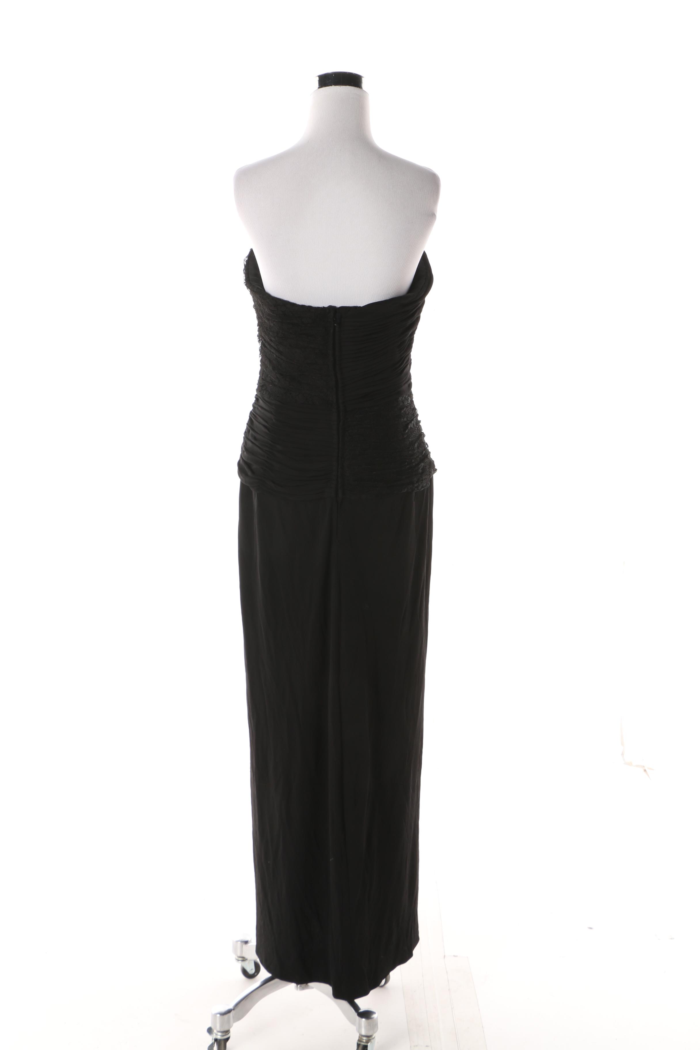 1980s Loris Azzaro Black Strapless Ruched Bodice Gown, Made in France