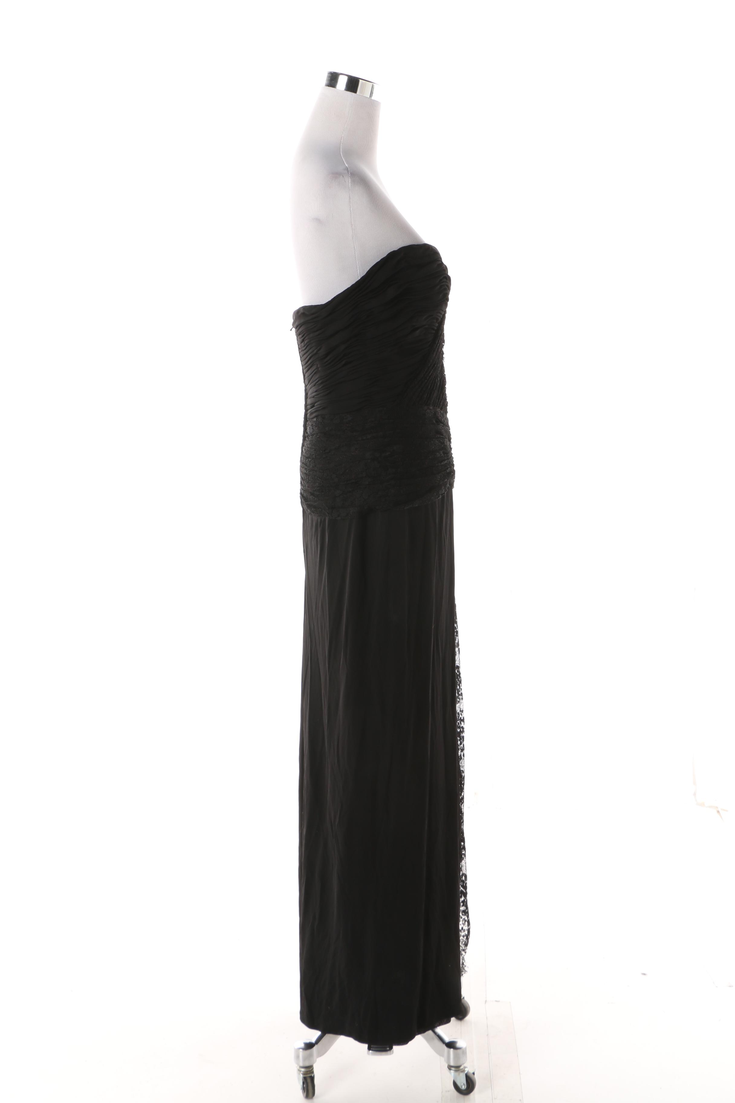 1980s Loris Azzaro Black Strapless Ruched Bodice Gown, Made in France