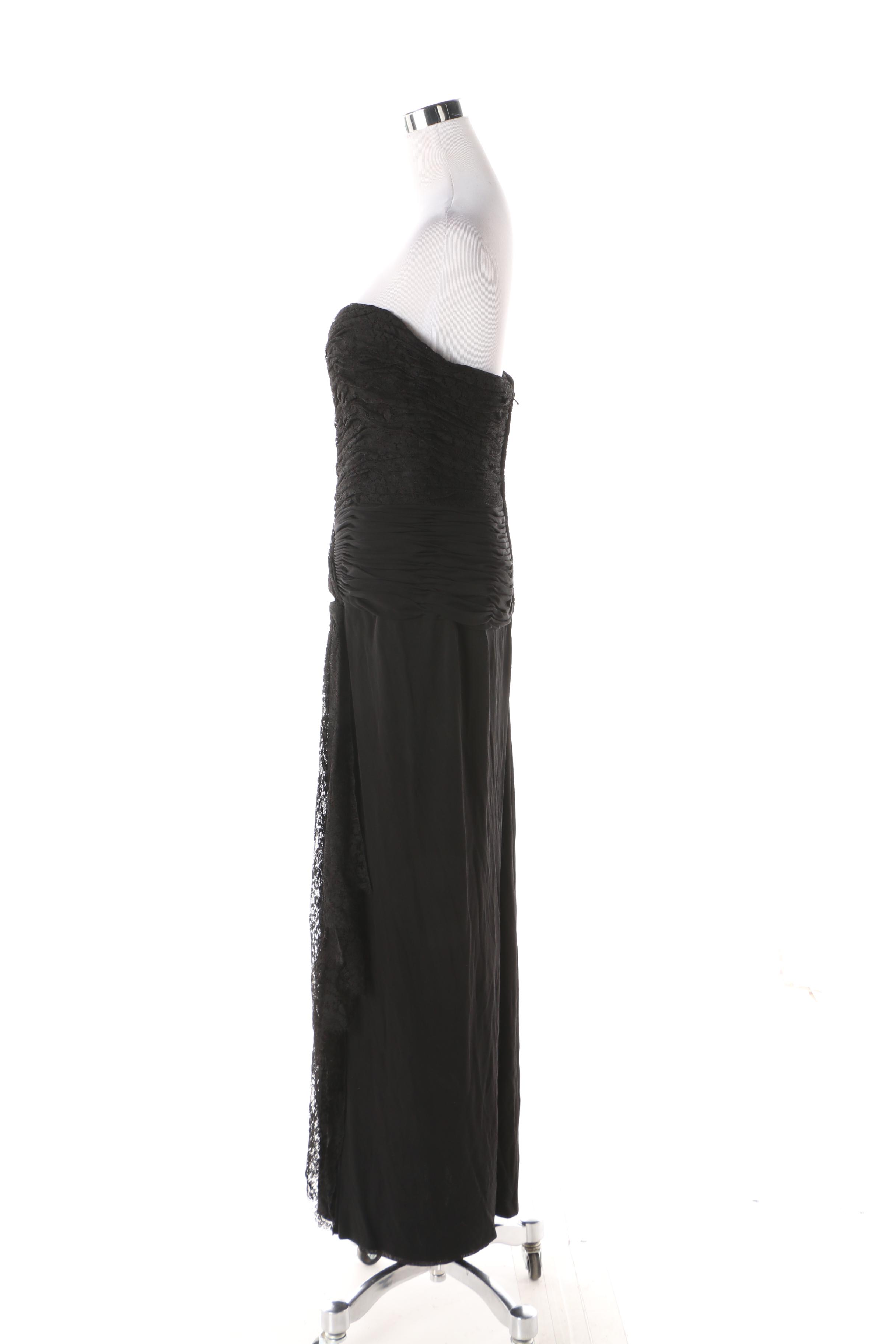 1980s Loris Azzaro Black Strapless Ruched Bodice Gown, Made in France