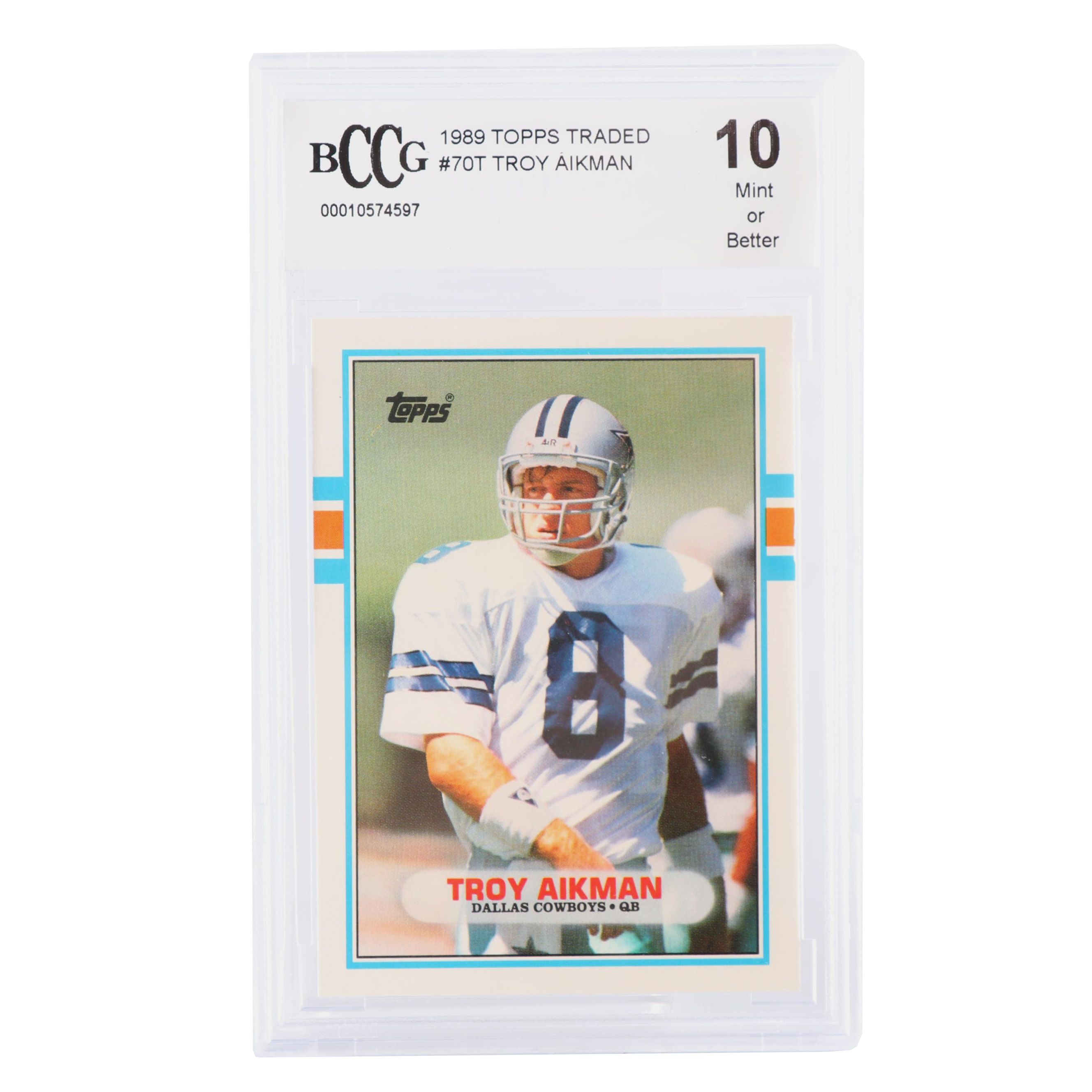 Troy Aikman 1989 Topps #70T Rookie Card BCCG Graded Mint 10