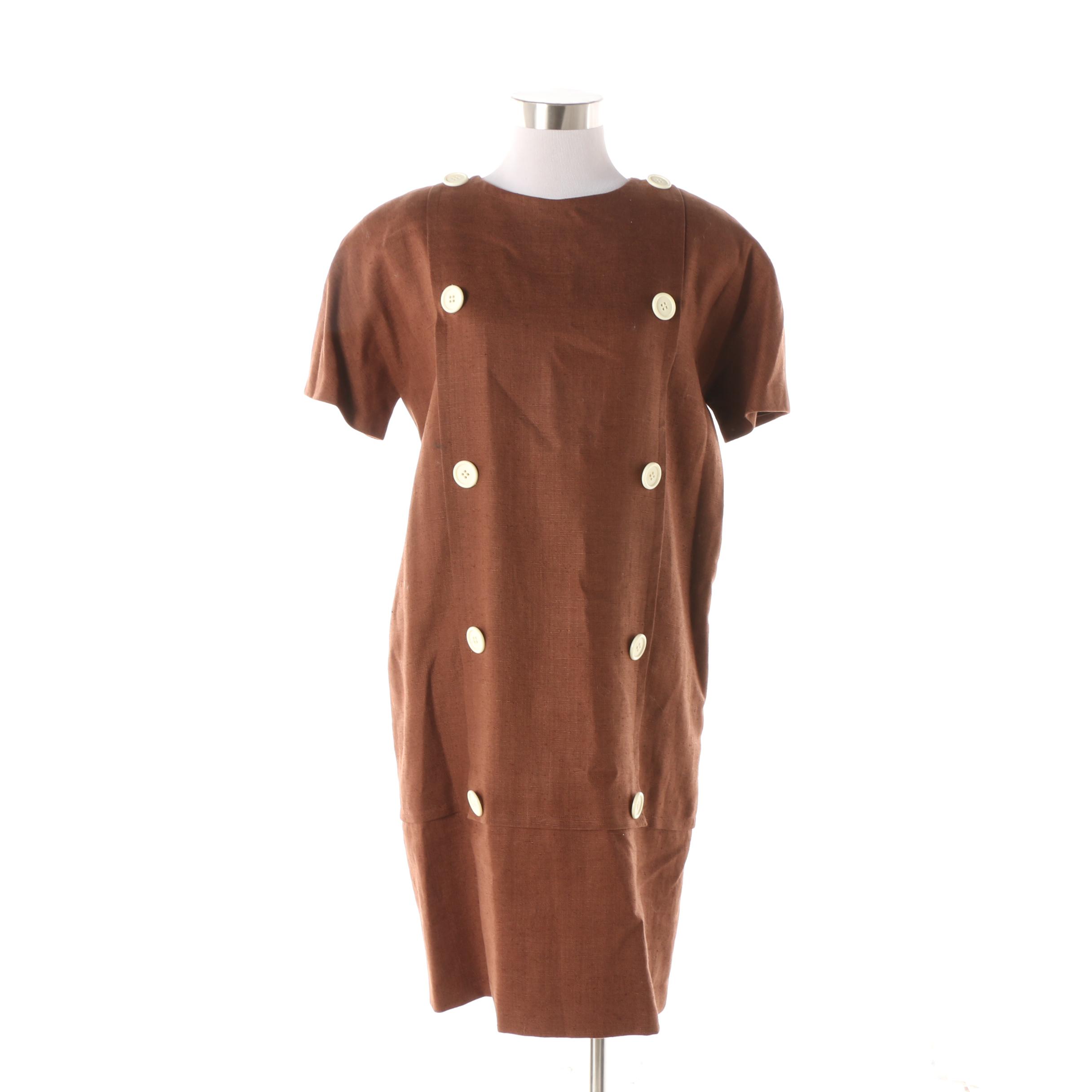 Women's 1990s Vintage Oscar de la Renta Chocolate Brown Wool Blend Shift Dress