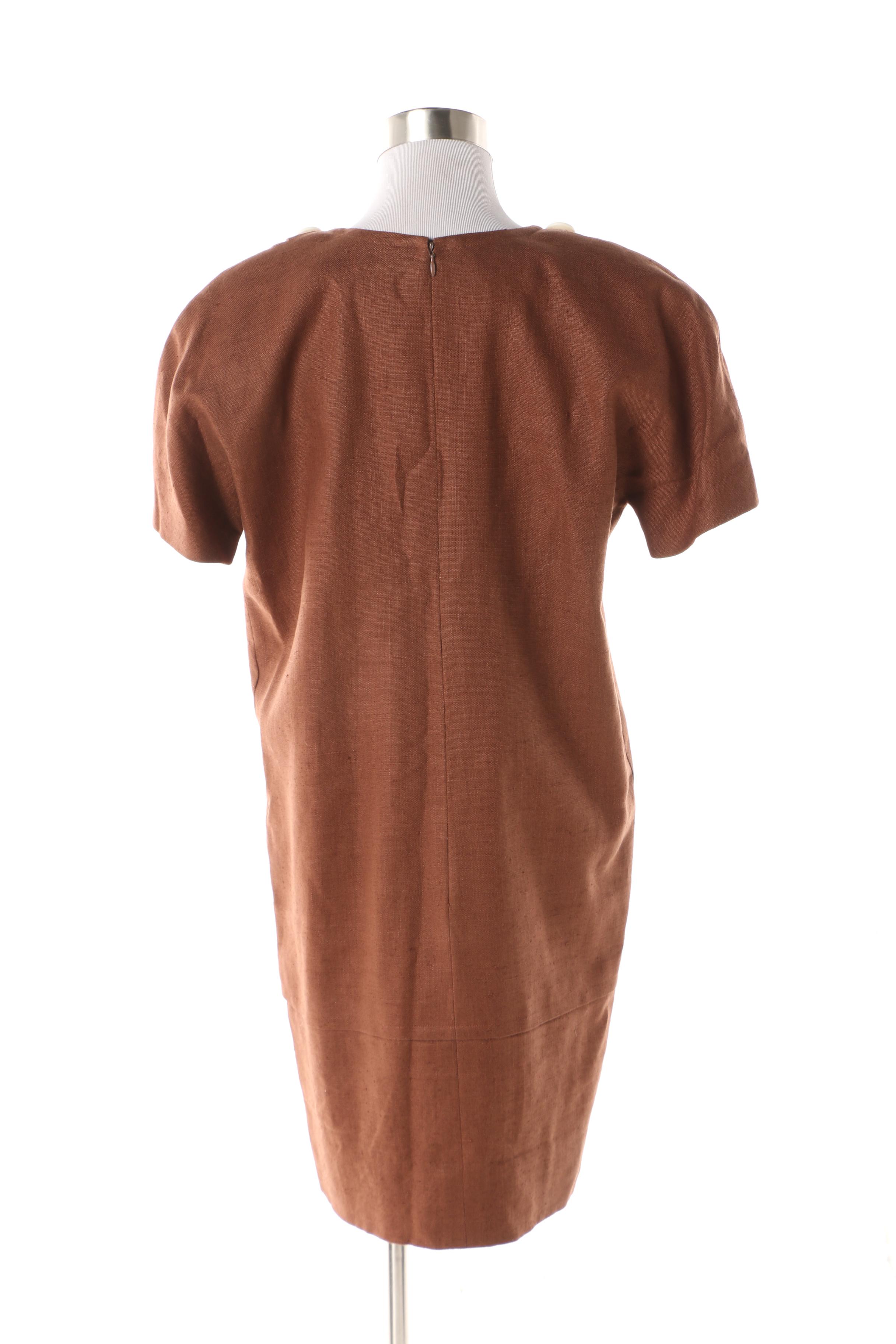 Women's 1990s Vintage Oscar de la Renta Chocolate Brown Wool Blend Shift Dress