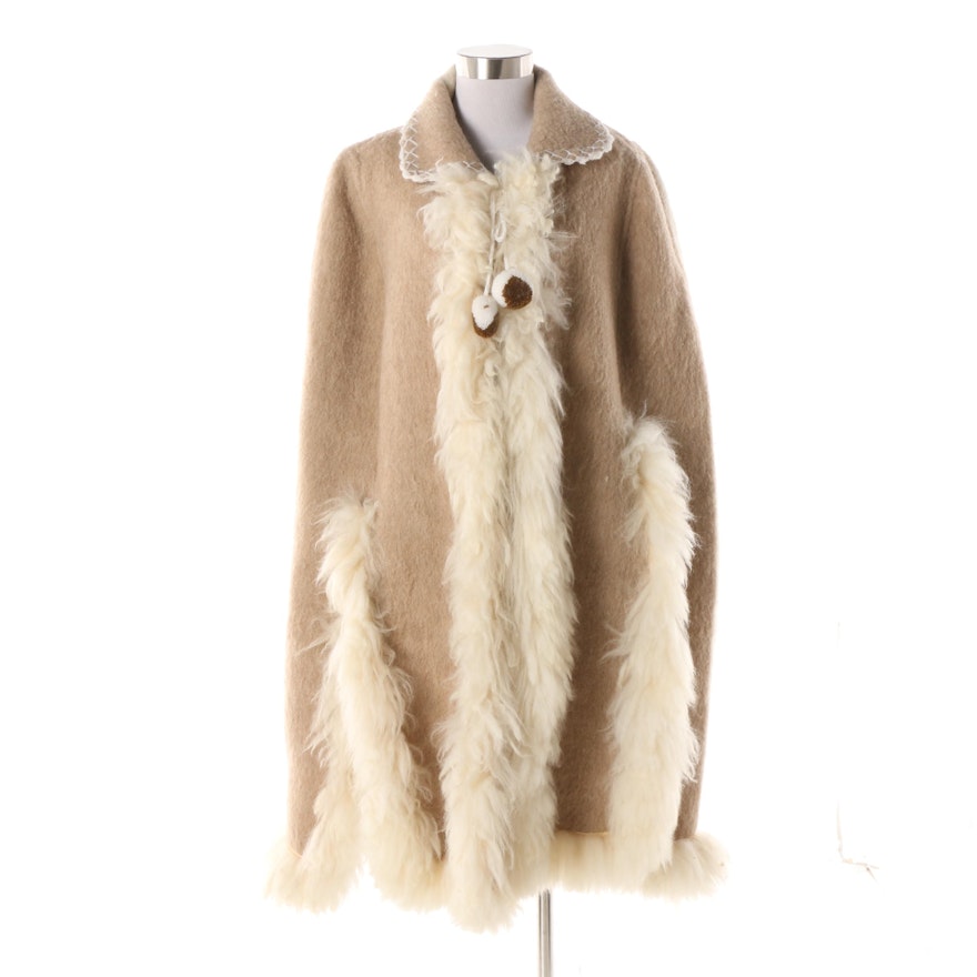 1960s Vintage Cream and Tan Mohair Blend Cape with Shearling Trim