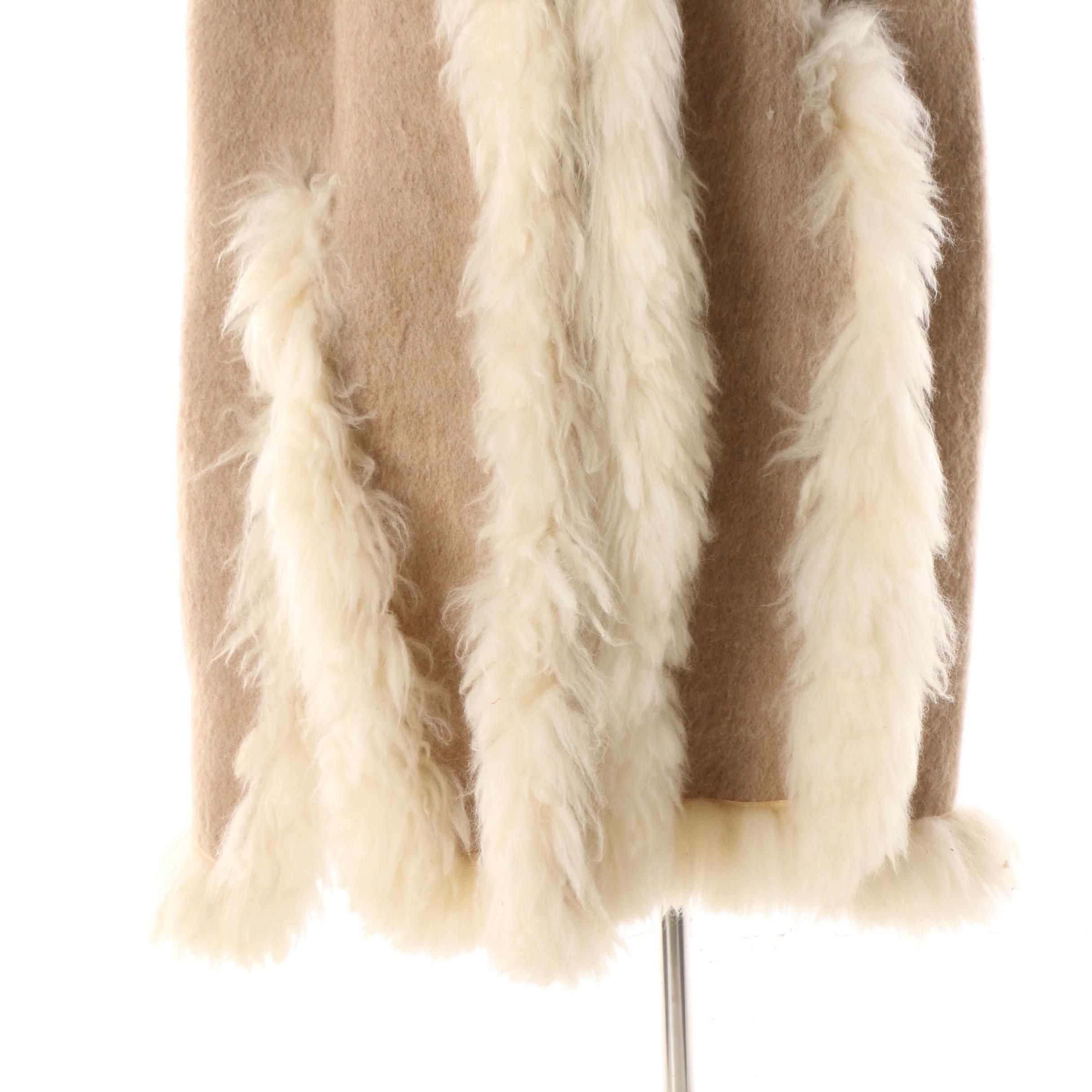 1960s Vintage Cream and Tan Mohair Blend Cape with Shearling Trim