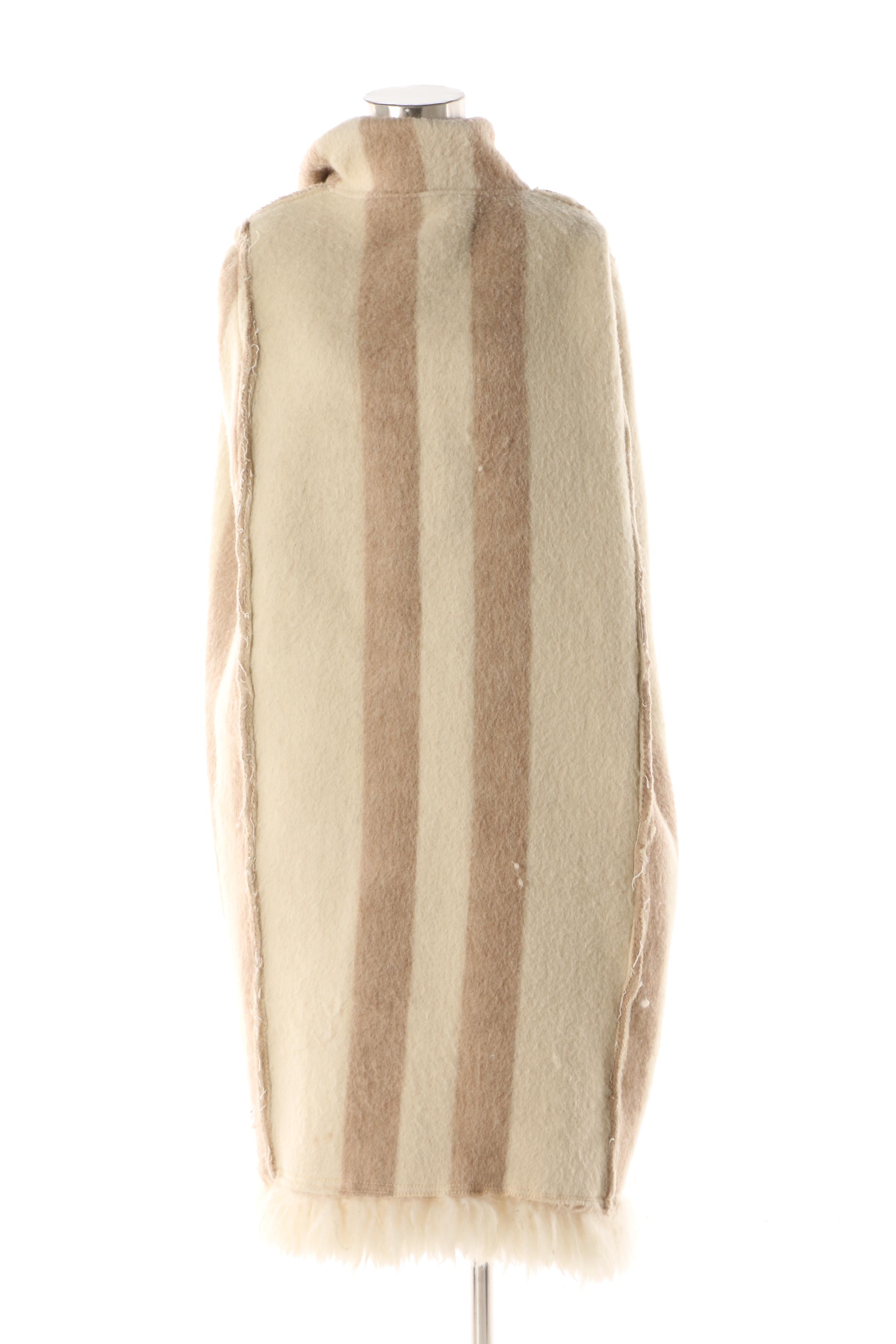 1960s Vintage Cream and Tan Mohair Blend Cape with Shearling Trim