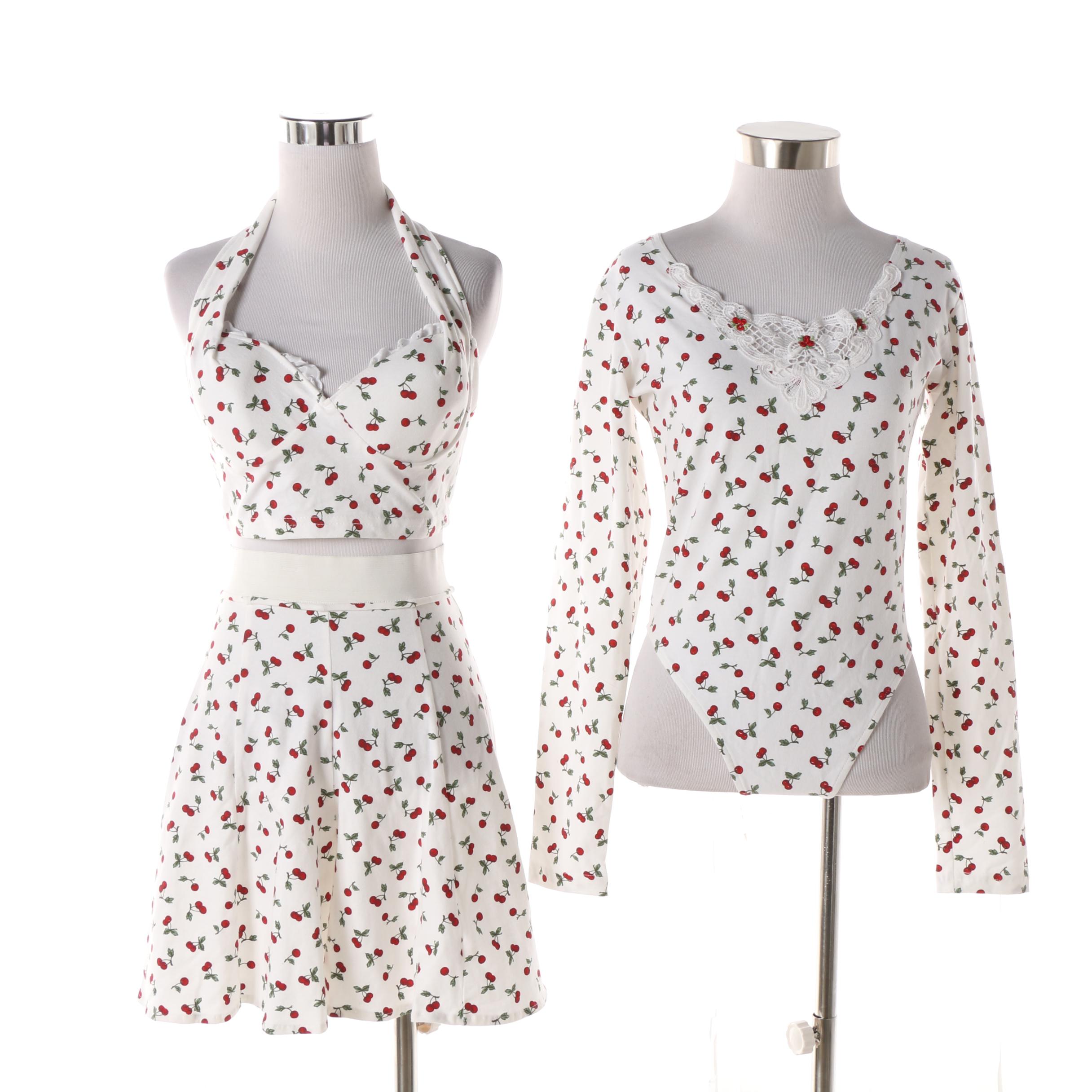 1990s Frederick's of Hollywood Cherry Print Leotard, Skirt and Halter Top