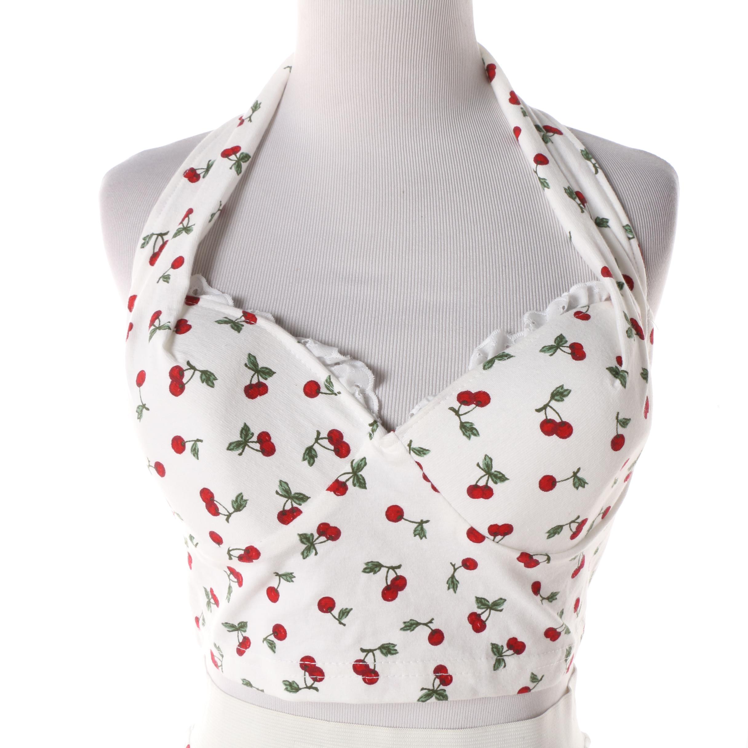 1990s Frederick's of Hollywood Cherry Print Leotard, Skirt and Halter Top