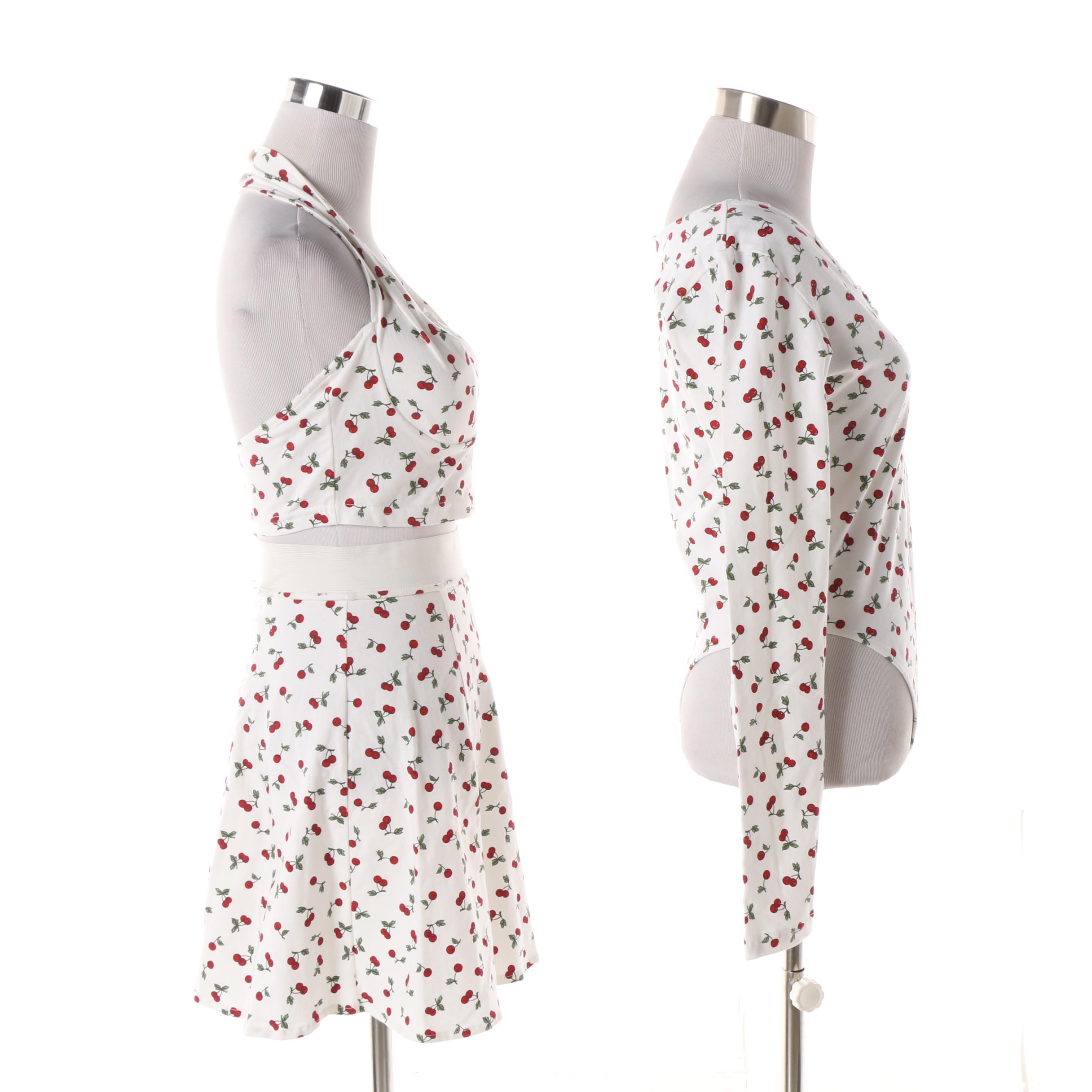 1990s Frederick's of Hollywood Cherry Print Leotard, Skirt and Halter Top