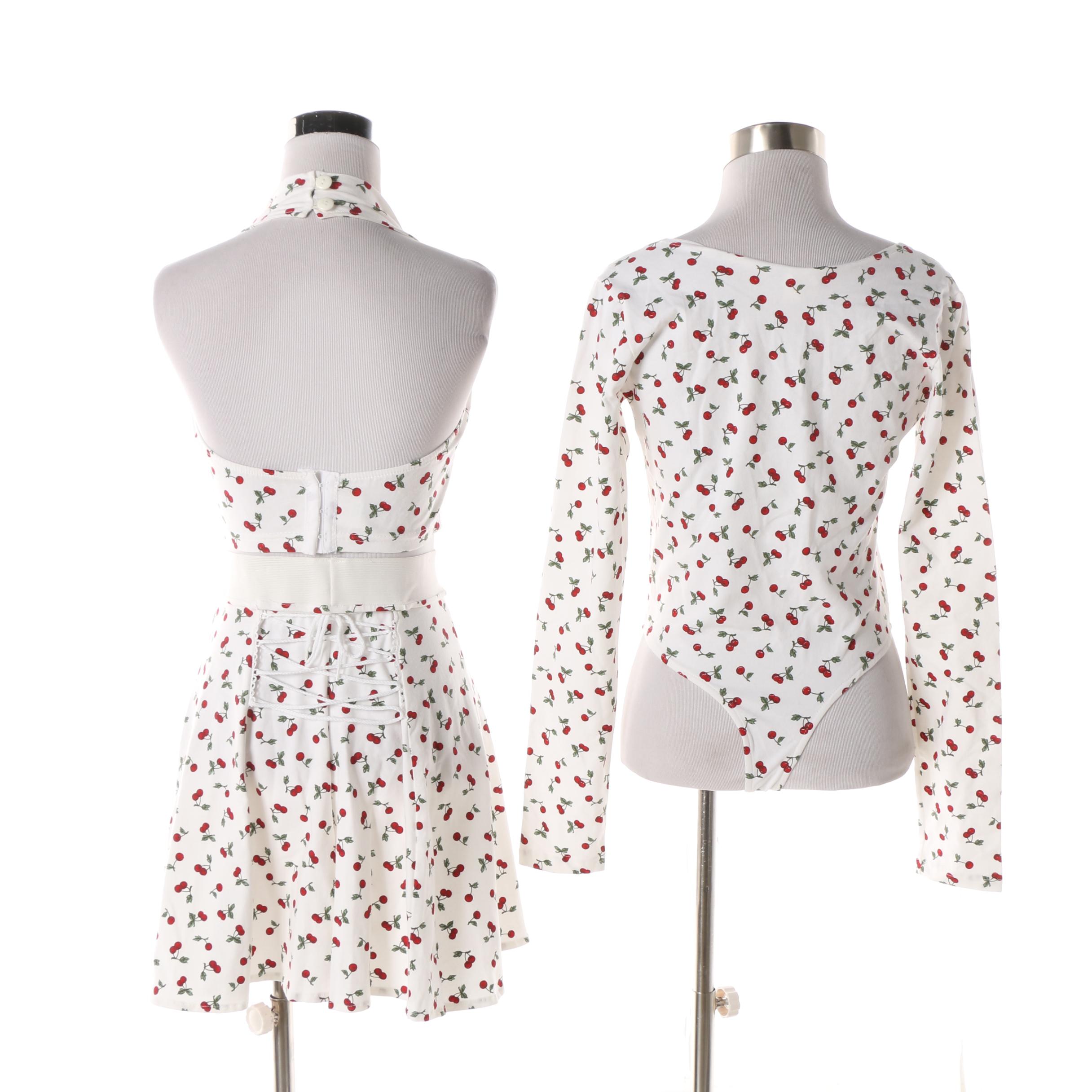 1990s Frederick's of Hollywood Cherry Print Leotard, Skirt and Halter Top