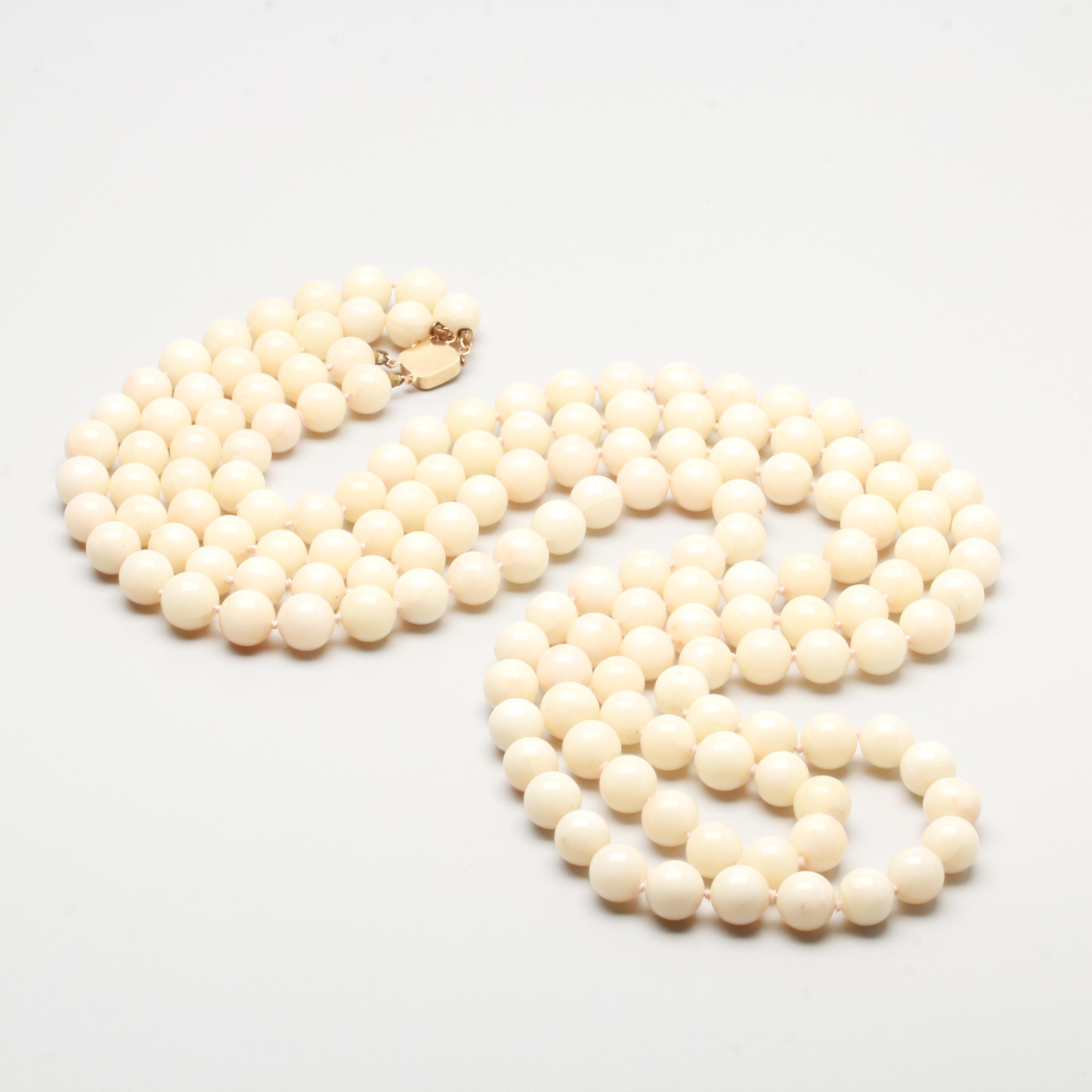 14K Yellow Gold Angel Skin Coral Double Strand Necklace