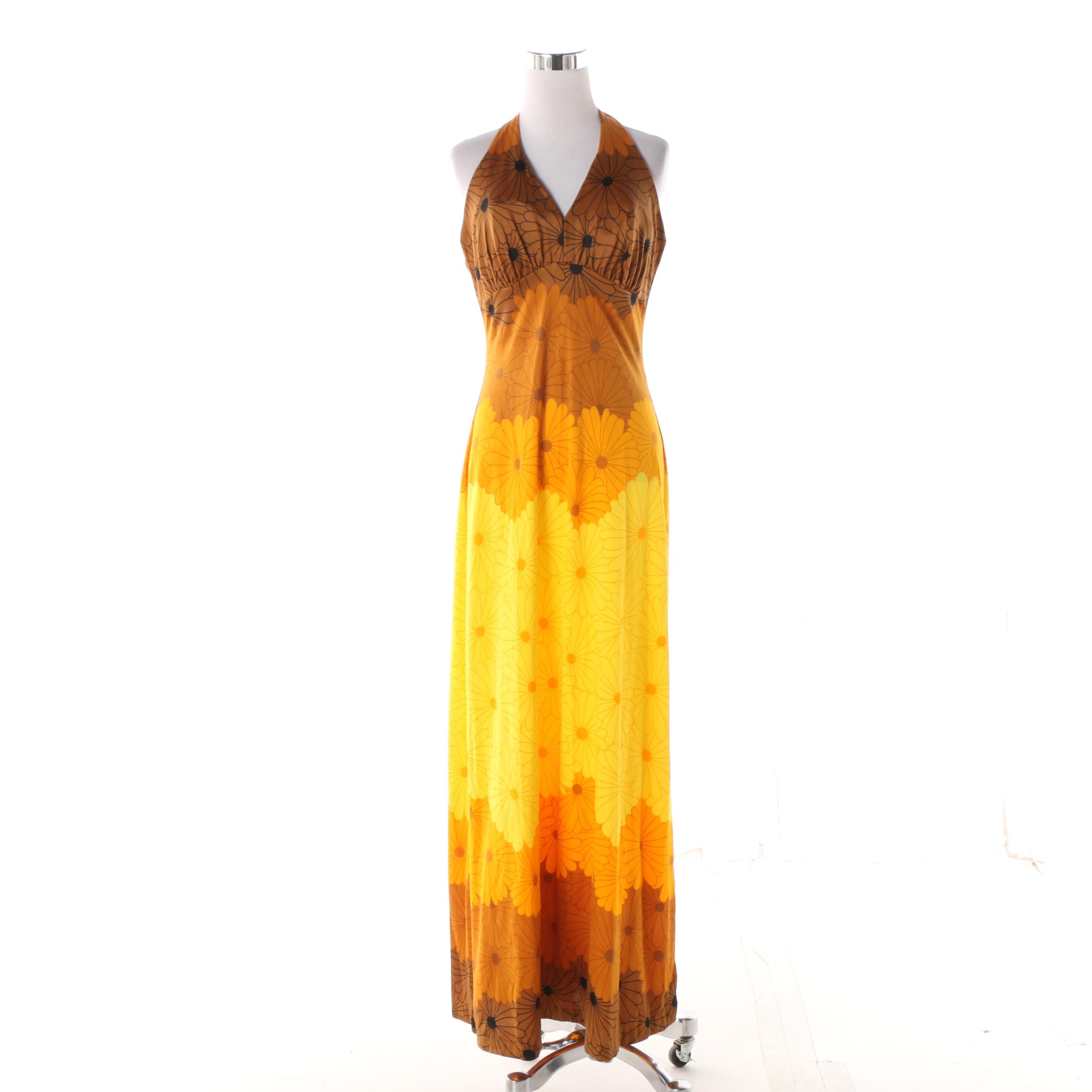 1970s Vintage DeWeese Design Daisy Swimsuit Coverup Halter Maxi Dress