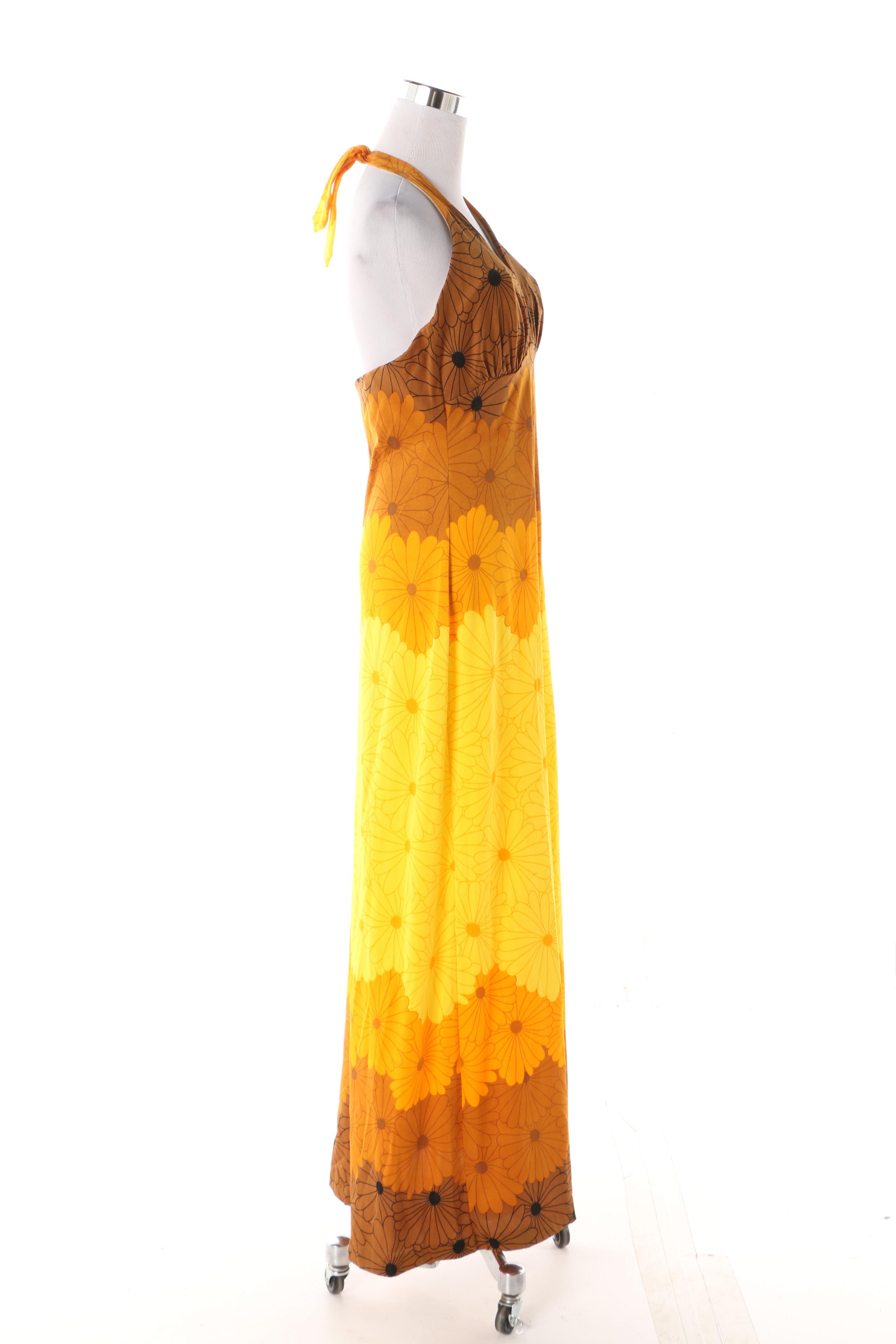 1970s Vintage DeWeese Design Daisy Swimsuit Coverup Halter Maxi Dress