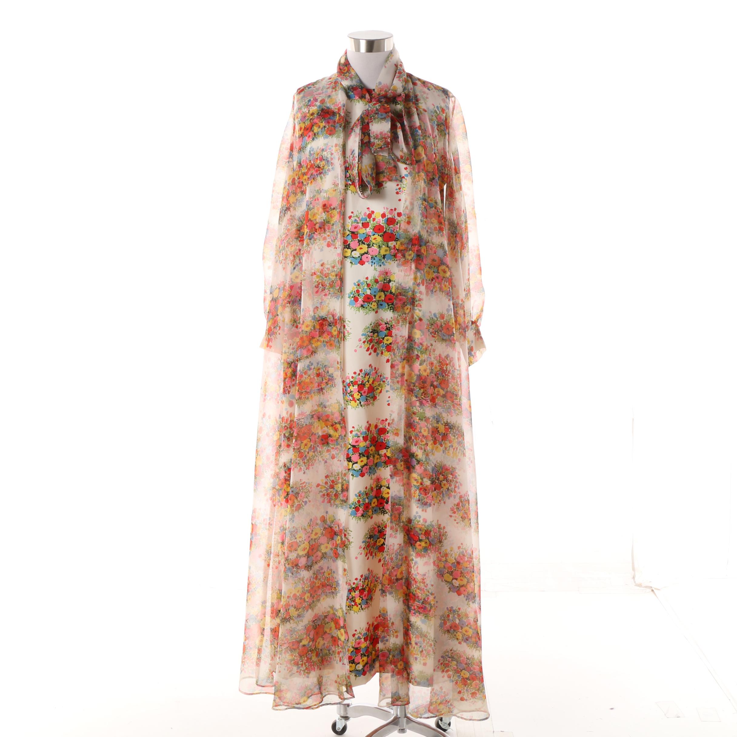 1970s Kohler Collection Silk Twill Floral Print Maxi Dress with Chiffon Coat