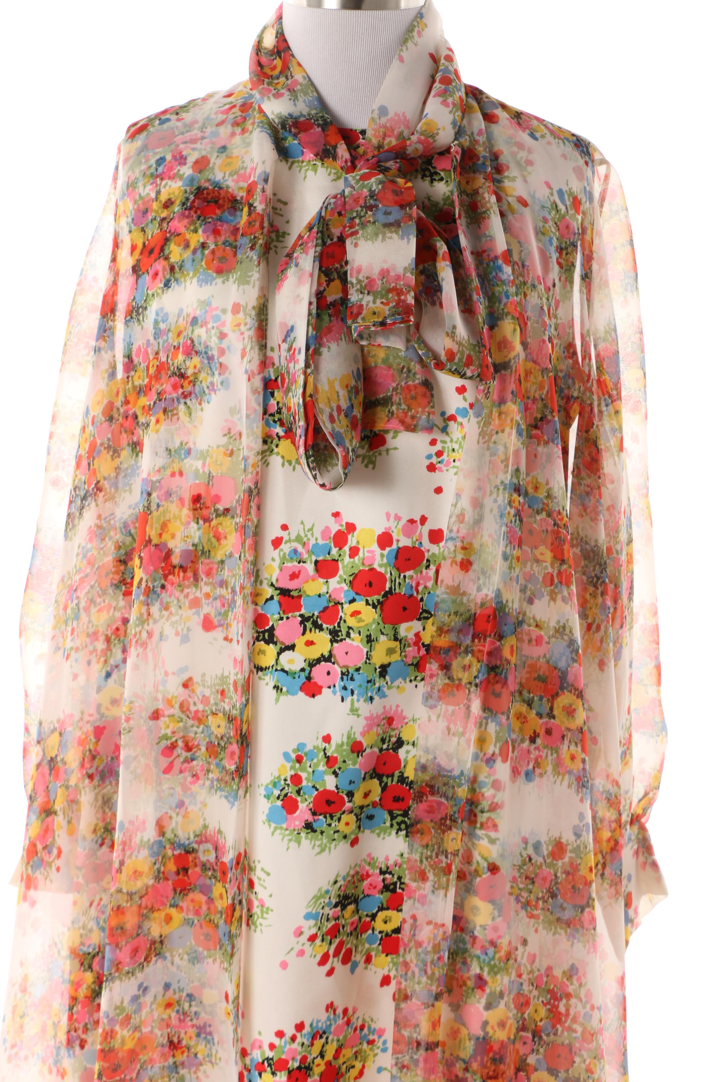 1970s Kohler Collection Silk Twill Floral Print Maxi Dress with Chiffon Coat