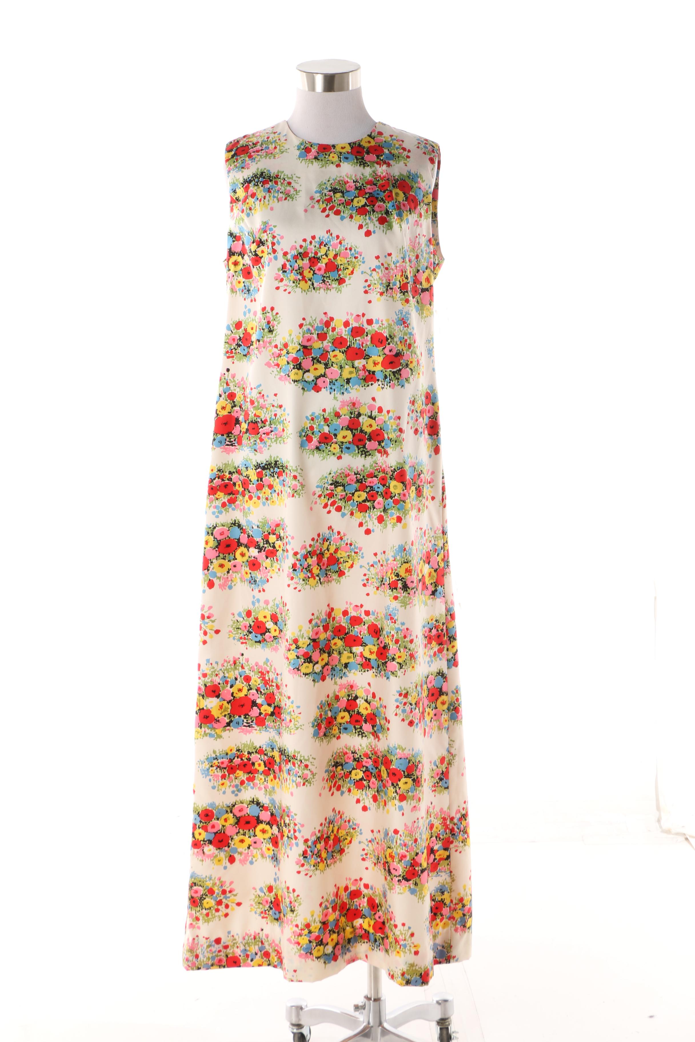 1970s Kohler Collection Silk Twill Floral Print Maxi Dress with Chiffon Coat