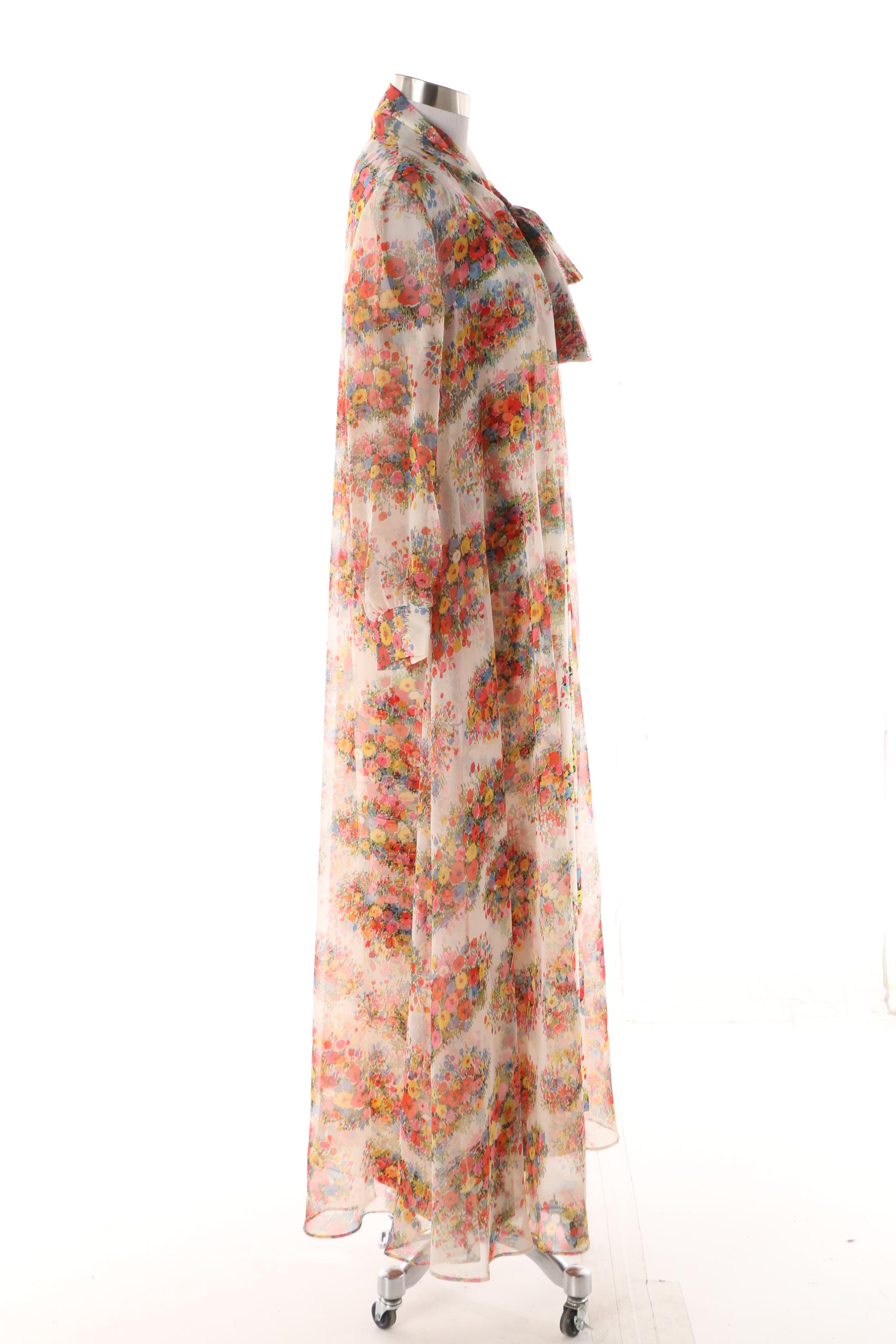 1970s Kohler Collection Silk Twill Floral Print Maxi Dress with Chiffon Coat