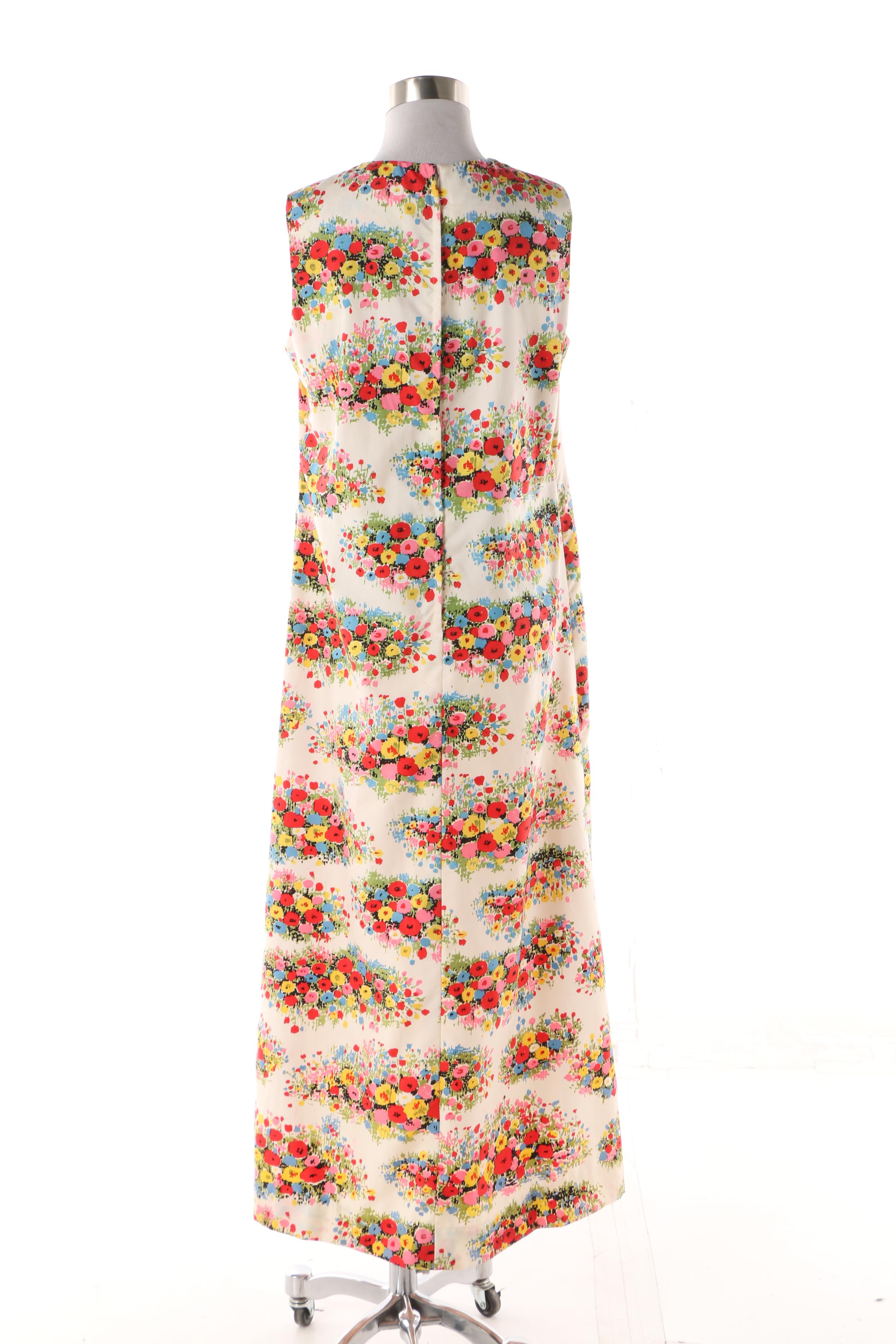 1970s Kohler Collection Silk Twill Floral Print Maxi Dress with Chiffon Coat