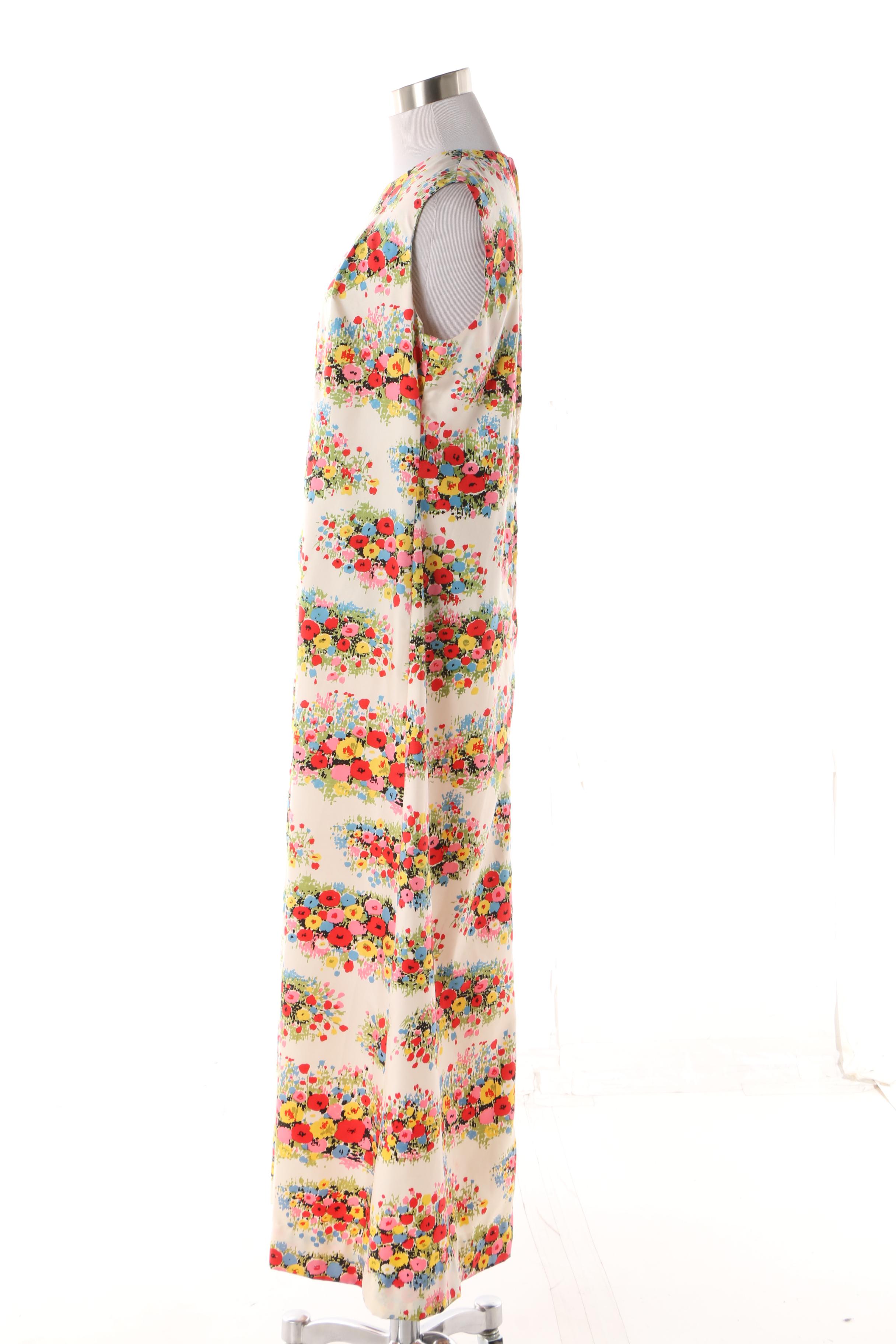 1970s Kohler Collection Silk Twill Floral Print Maxi Dress with Chiffon Coat