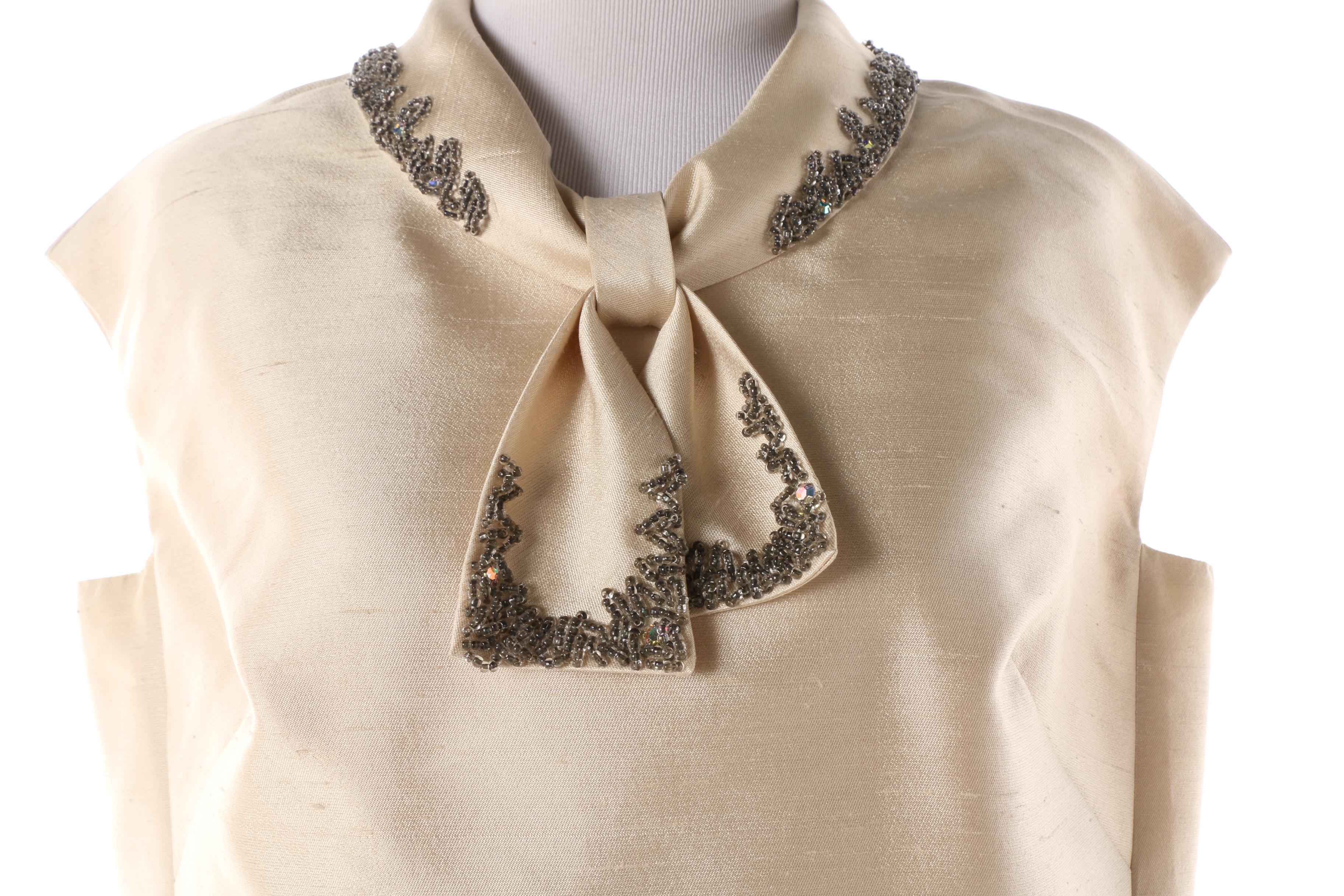 Late 1960s Fashionbilt Ivory Silk Shantung Skirt Suit with Hand-Beaded Top