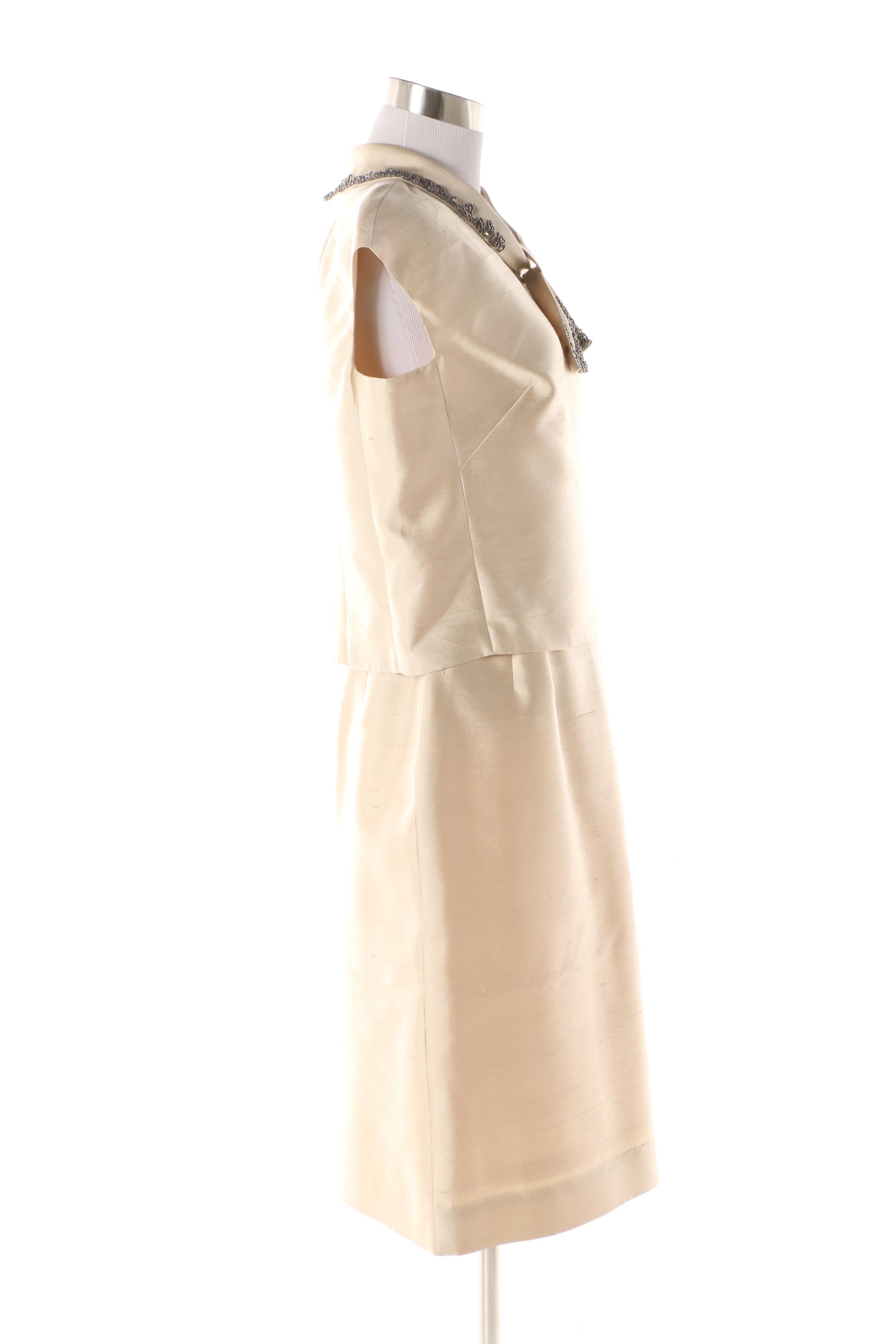 Late 1960s Fashionbilt Ivory Silk Shantung Skirt Suit with Hand-Beaded Top