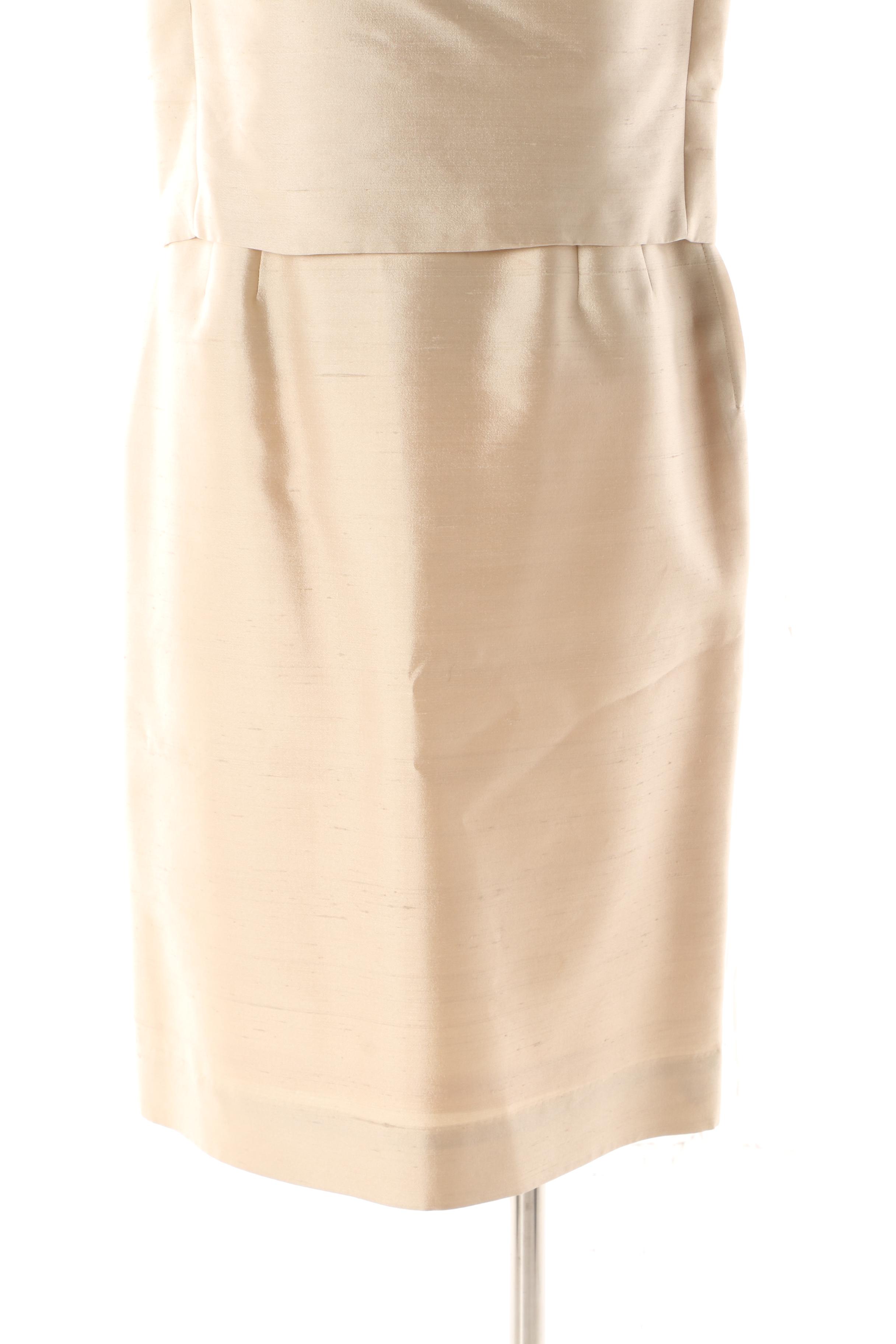 Late 1960s Fashionbilt Ivory Silk Shantung Skirt Suit with Hand-Beaded Top