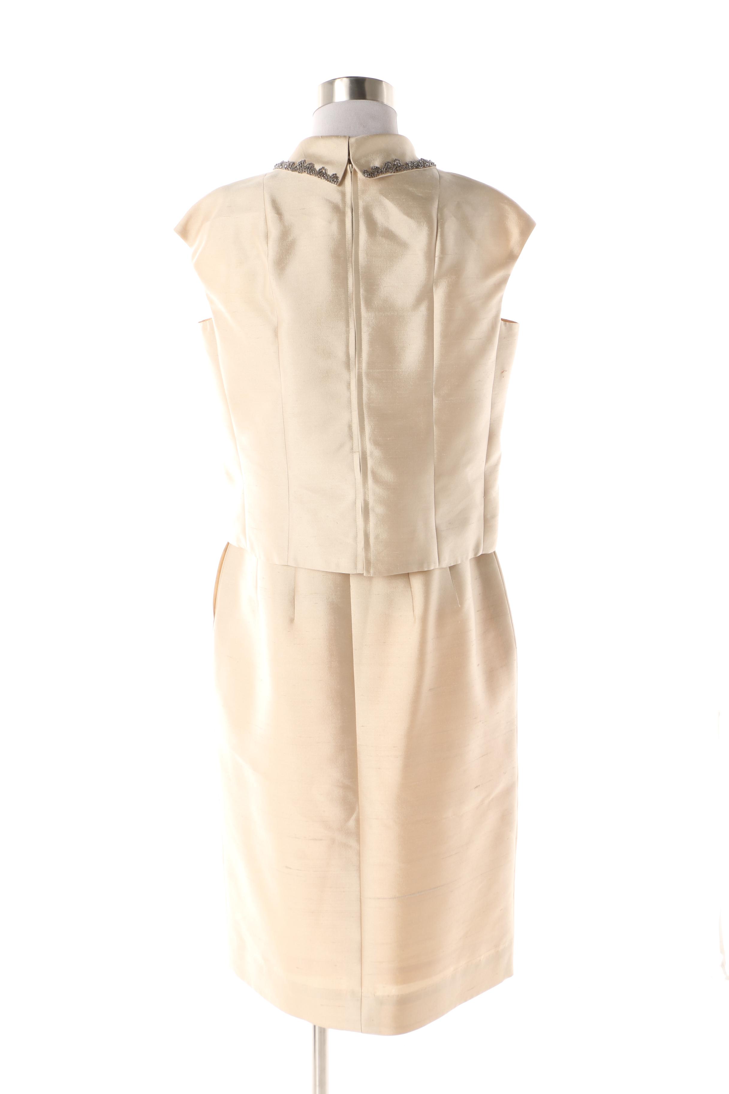 Late 1960s Fashionbilt Ivory Silk Shantung Skirt Suit with Hand-Beaded Top