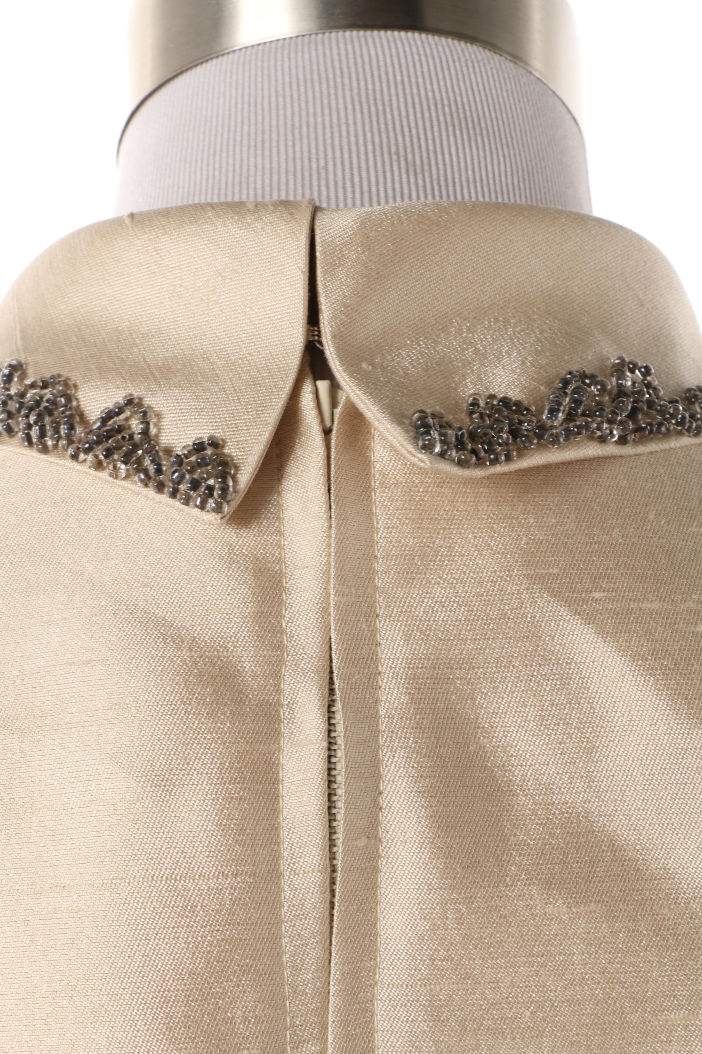 Late 1960s Fashionbilt Ivory Silk Shantung Skirt Suit with Hand-Beaded Top