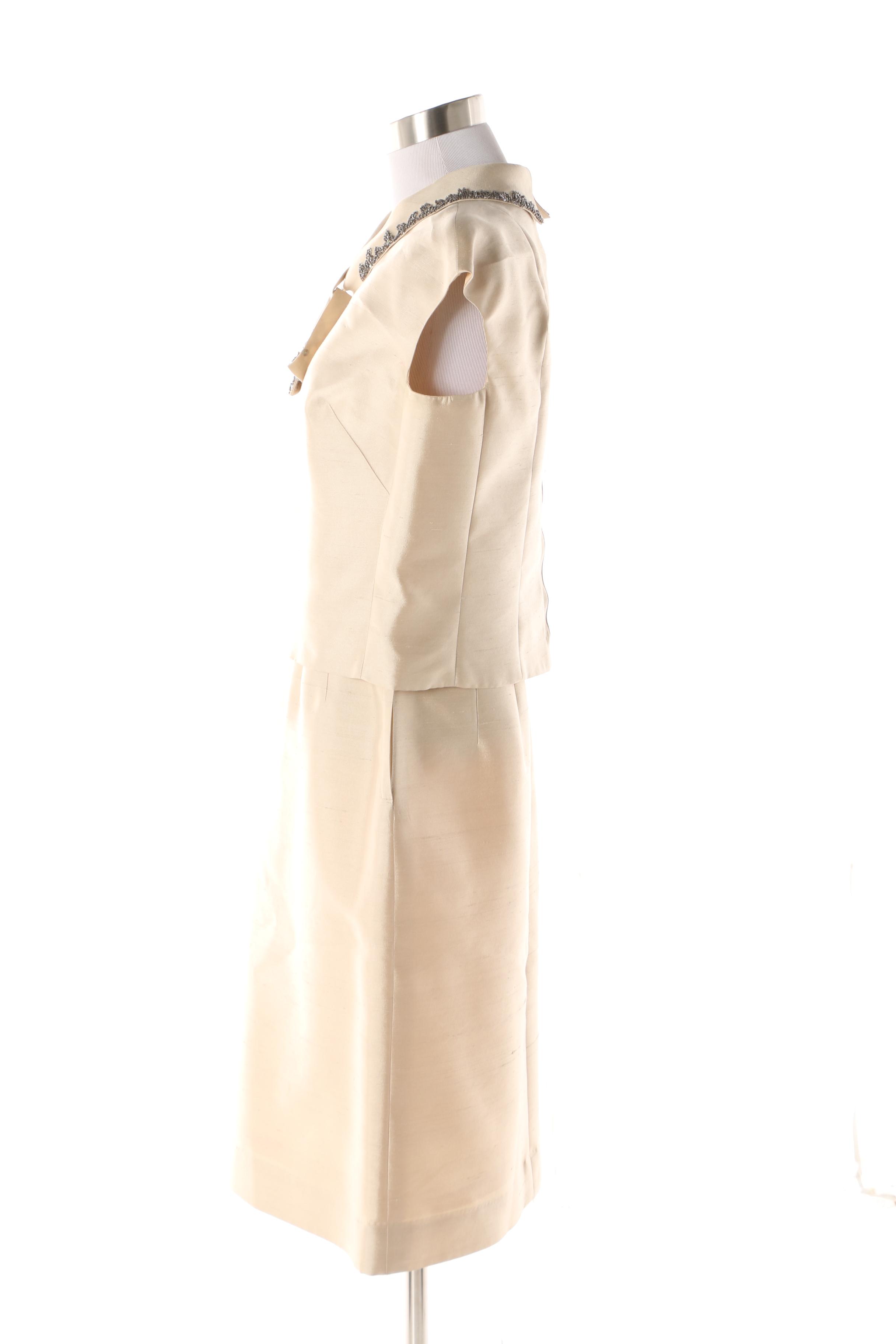 Late 1960s Fashionbilt Ivory Silk Shantung Skirt Suit with Hand-Beaded Top