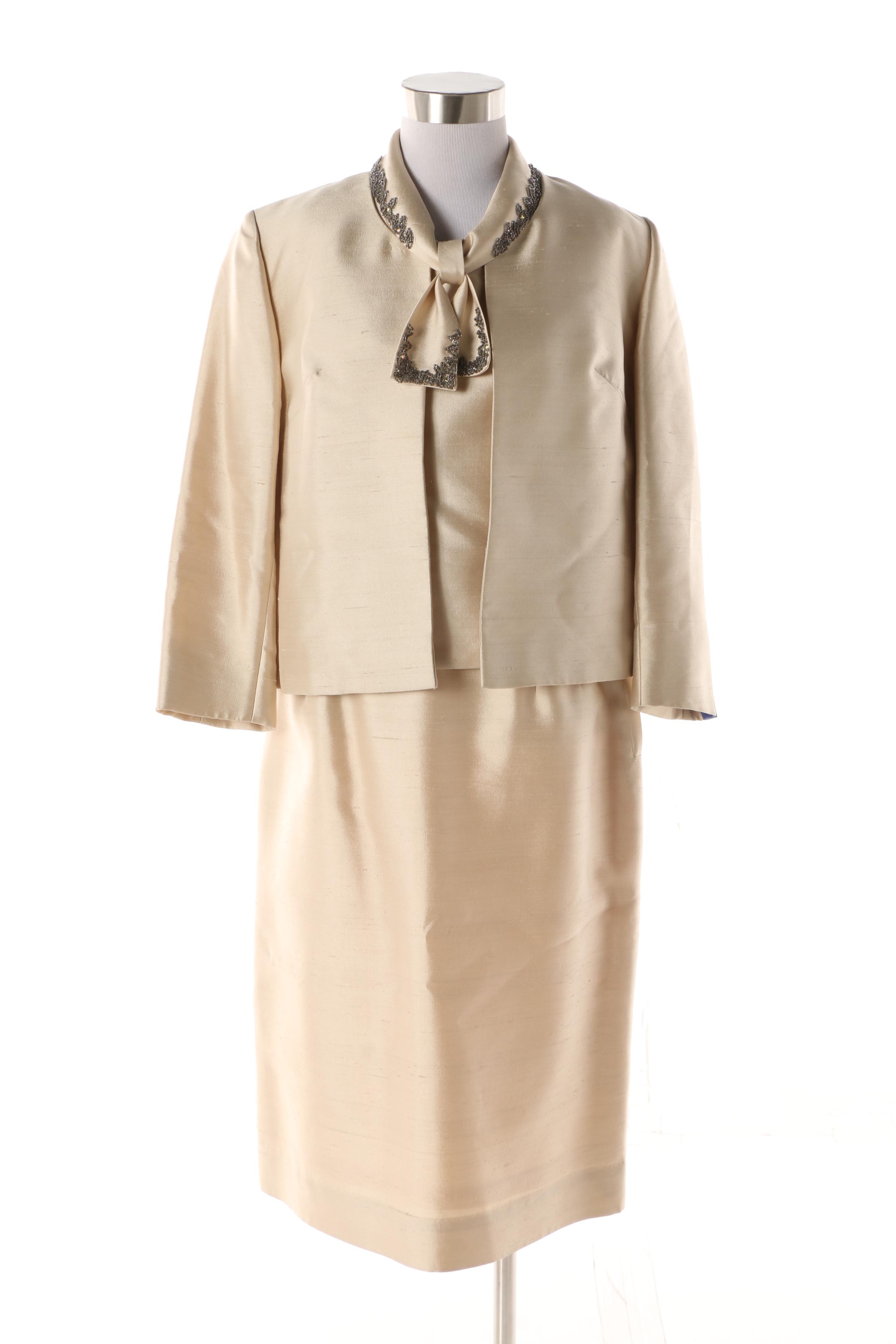 Late 1960s Fashionbilt Ivory Silk Shantung Skirt Suit with Hand-Beaded Top