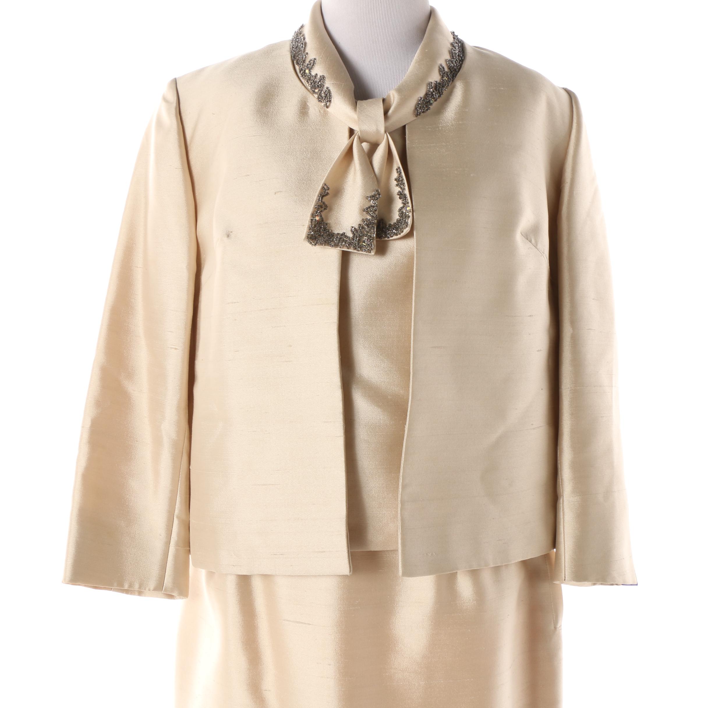 Late 1960s Fashionbilt Ivory Silk Shantung Skirt Suit with Hand-Beaded Top