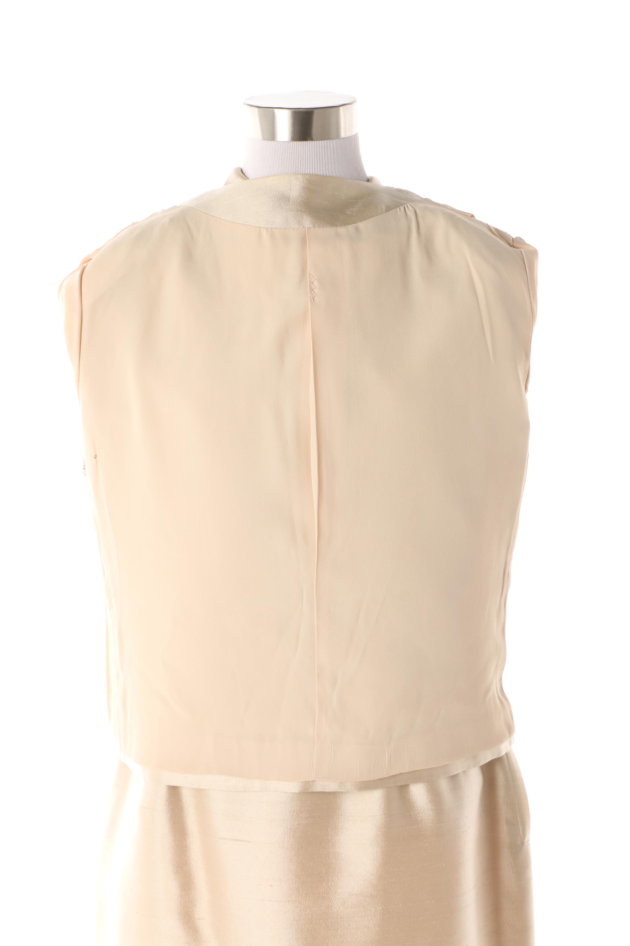 Late 1960s Fashionbilt Ivory Silk Shantung Skirt Suit with Hand-Beaded Top