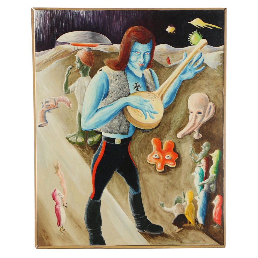 K.C. Truschel c. 1970 Oil Painting "The Second E.E. Cummings (Hippie Landings)"