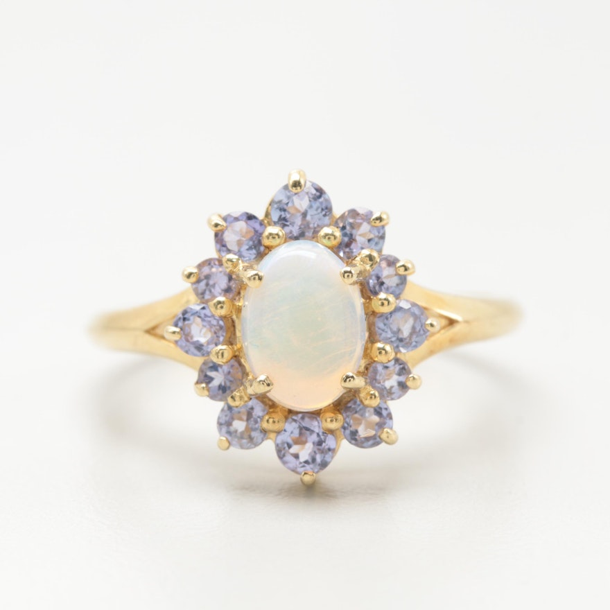 14K Yellow Gold Opal and Tanzanite Ring