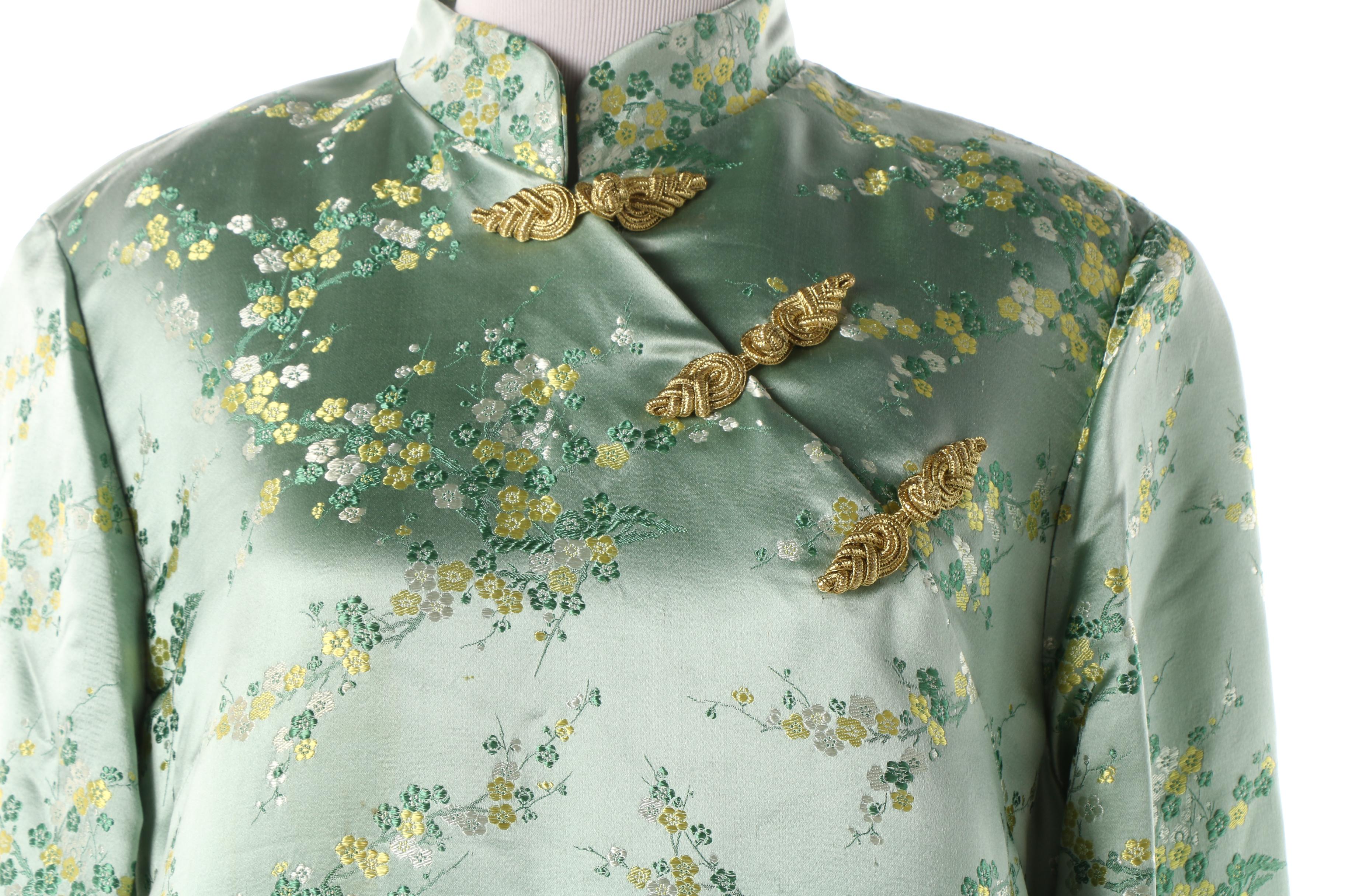1940s Dynasty Dupioni Silk Dress, Jacket and Chinese Frog Button Brocade Maxi
