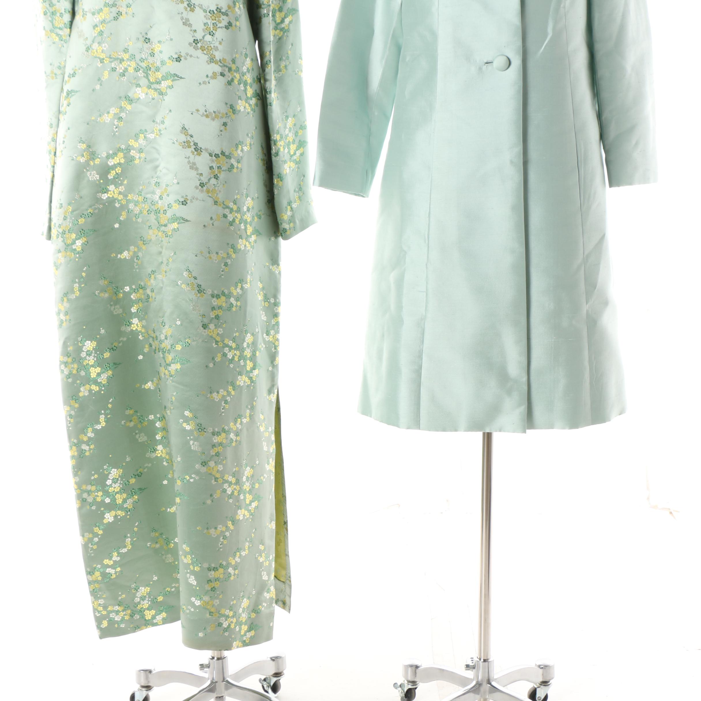 1940s Dynasty Dupioni Silk Dress, Jacket and Chinese Frog Button Brocade Maxi