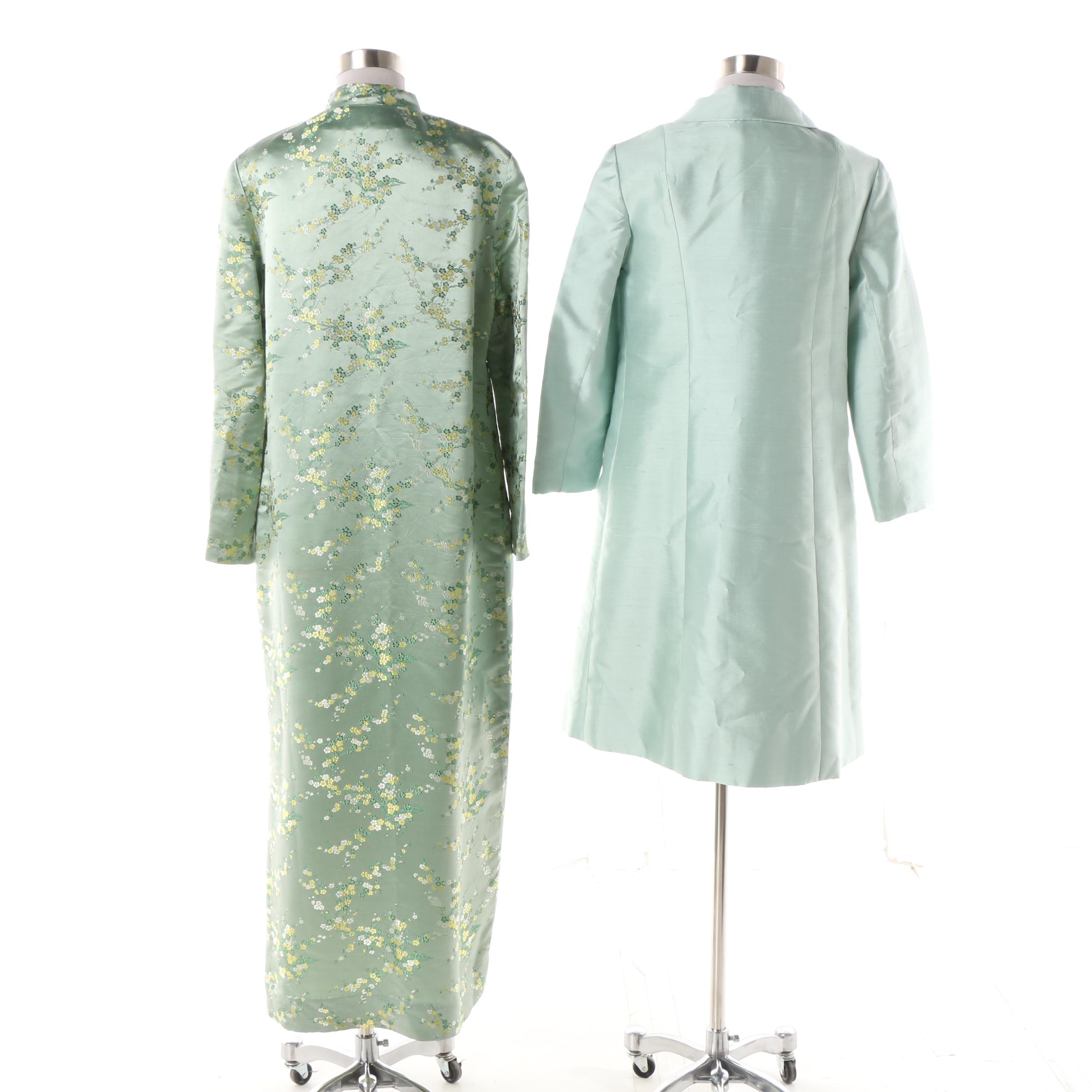 1940s Dynasty Dupioni Silk Dress, Jacket and Chinese Frog Button Brocade Maxi