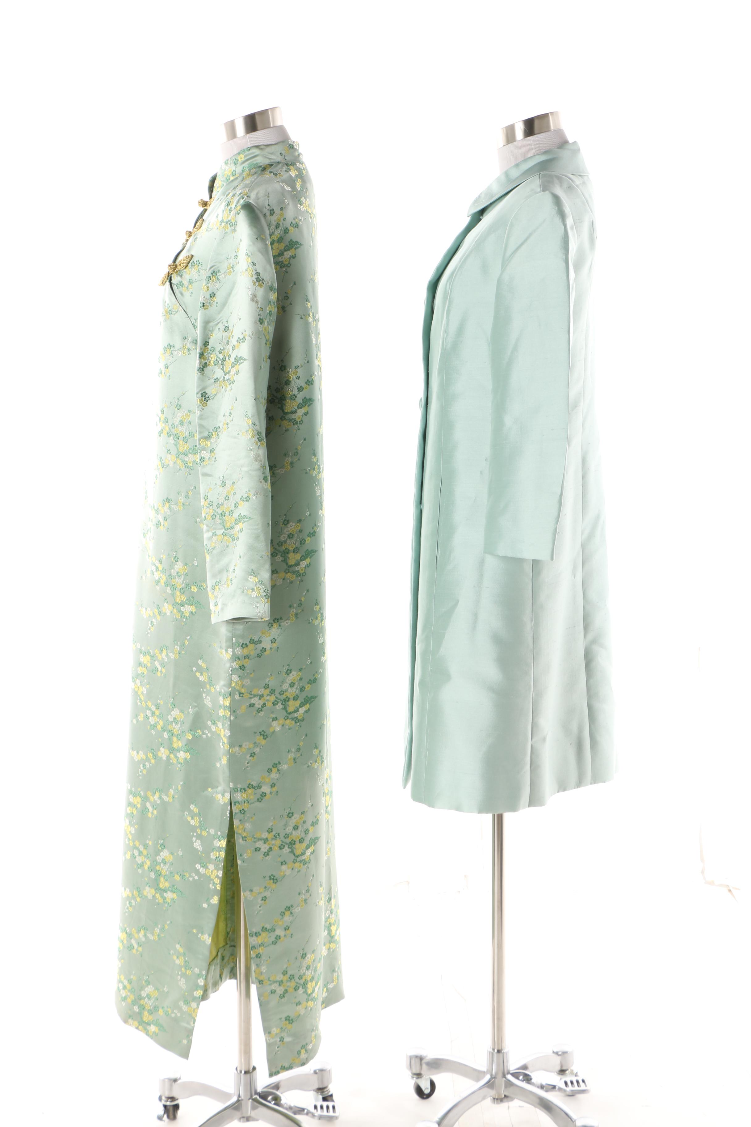 1940s Dynasty Dupioni Silk Dress, Jacket and Chinese Frog Button Brocade Maxi