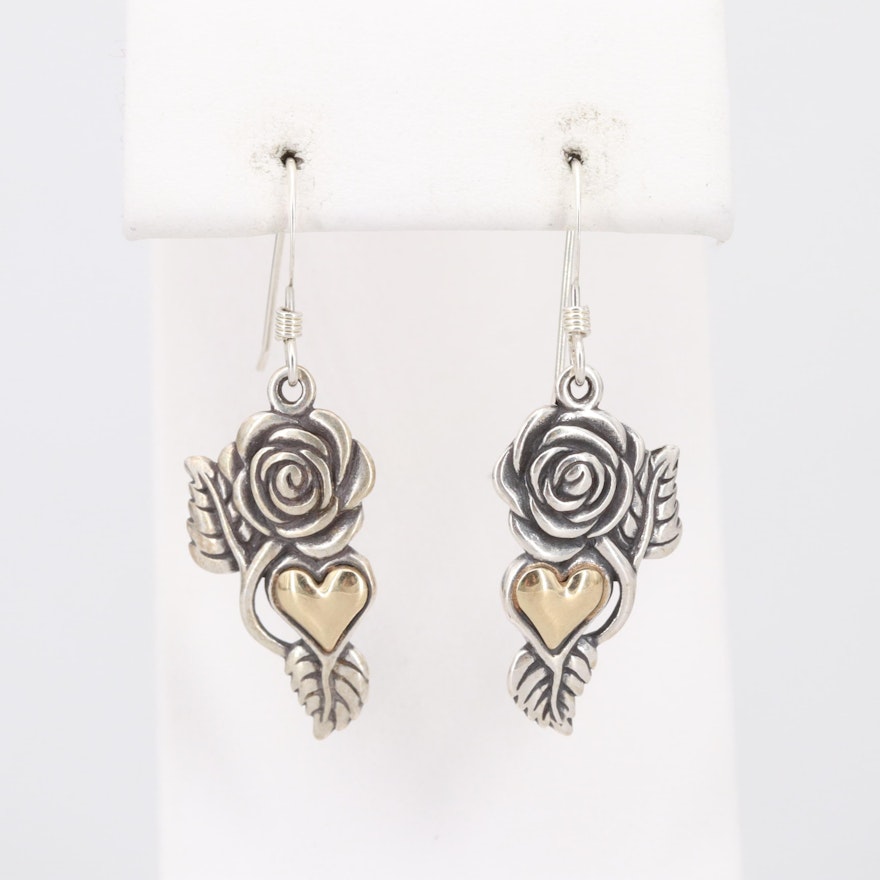 Sterling Silver Floral Motif Dangle Earrings with 14K Gold Heart Accents