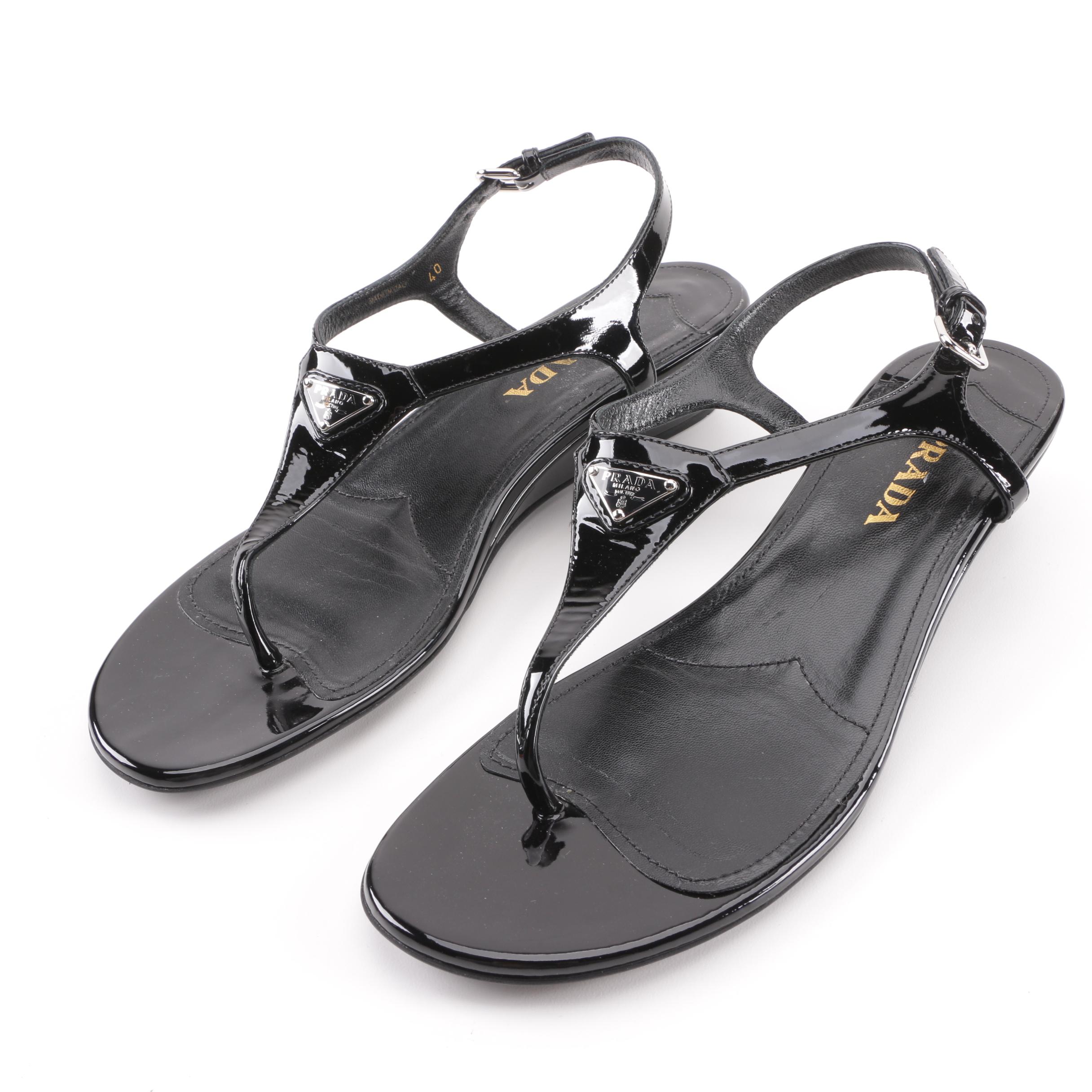 Prada Black Patent Leather Wedge Sandals