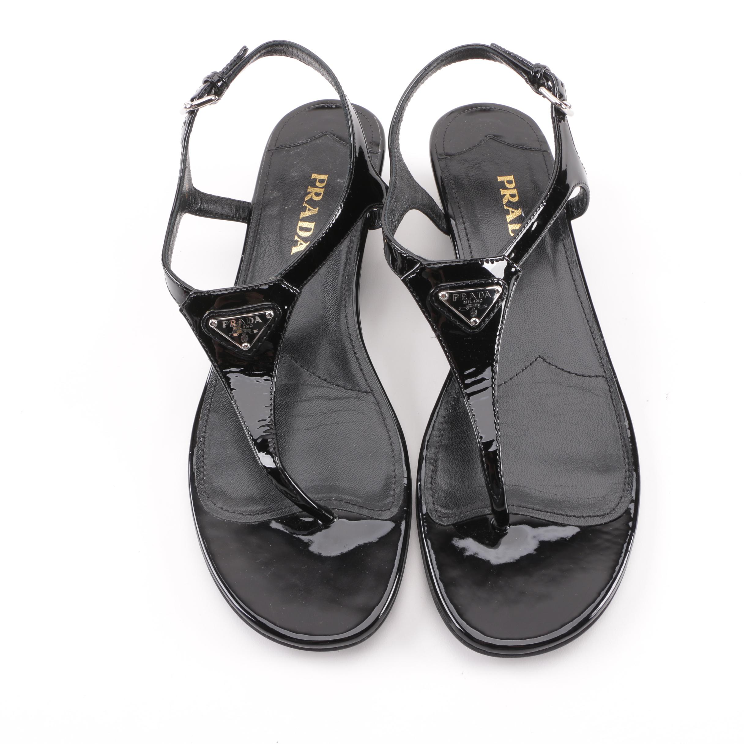 Prada Black Patent Leather Wedge Sandals