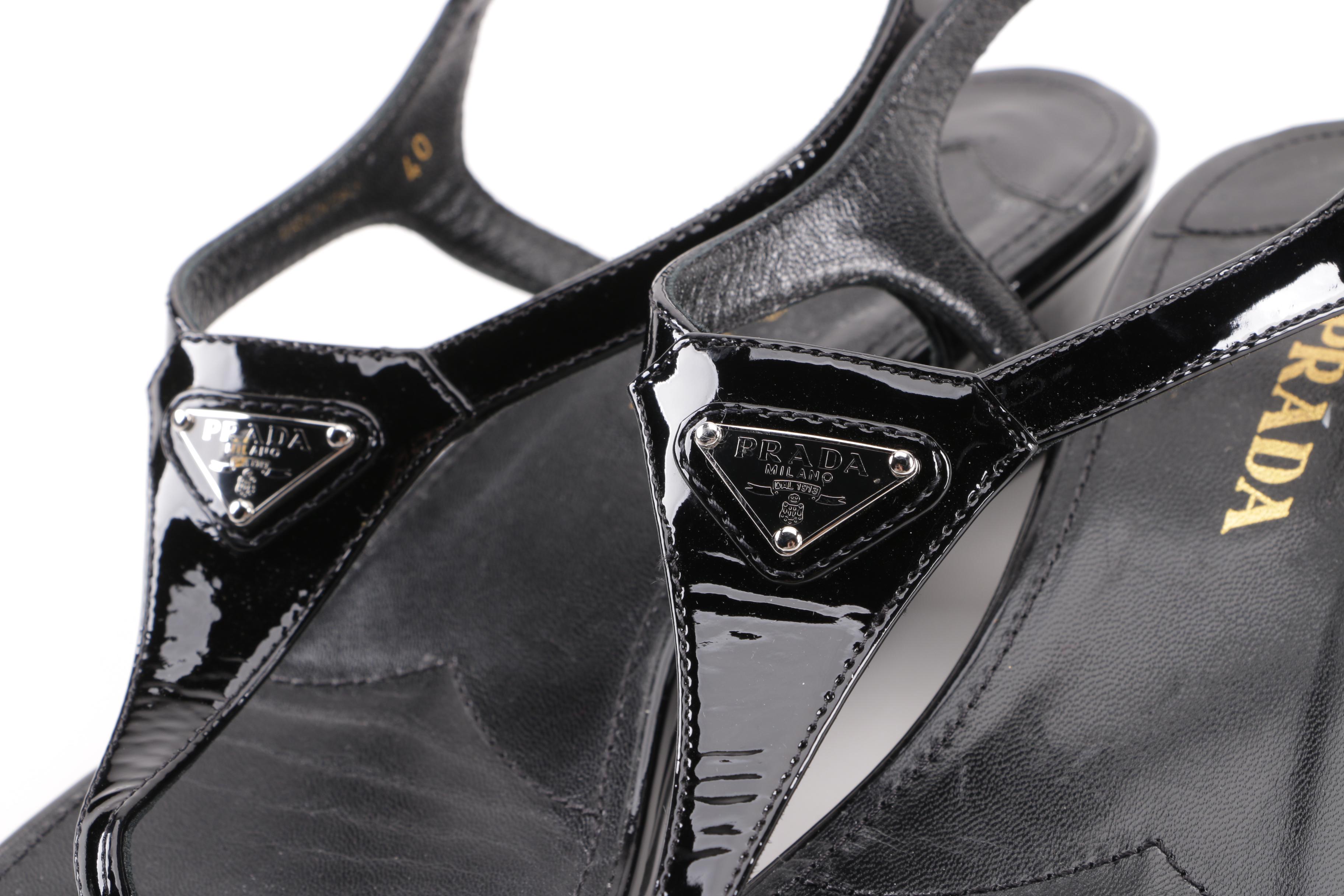 Prada Black Patent Leather Wedge Sandals