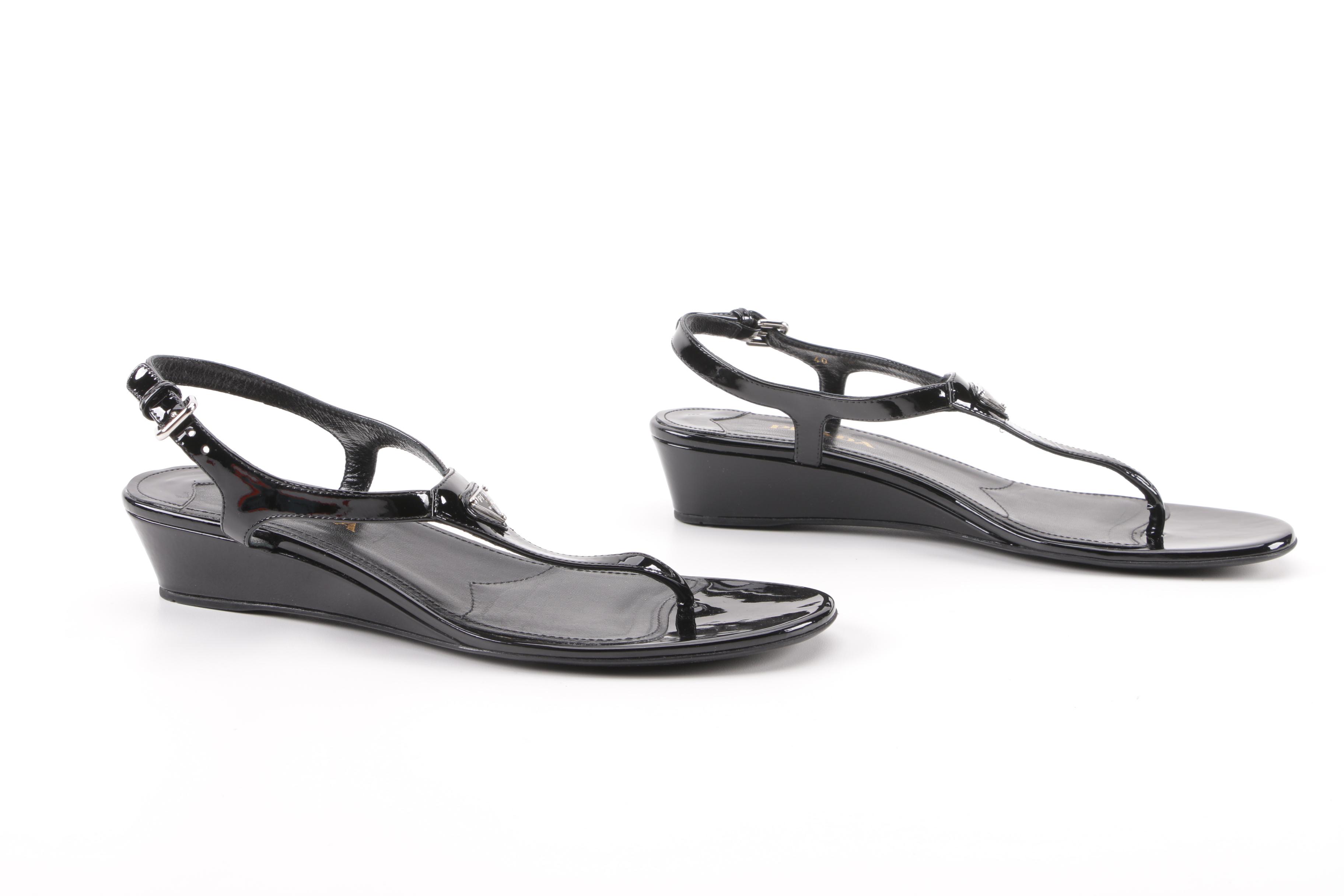Prada Black Patent Leather Wedge Sandals