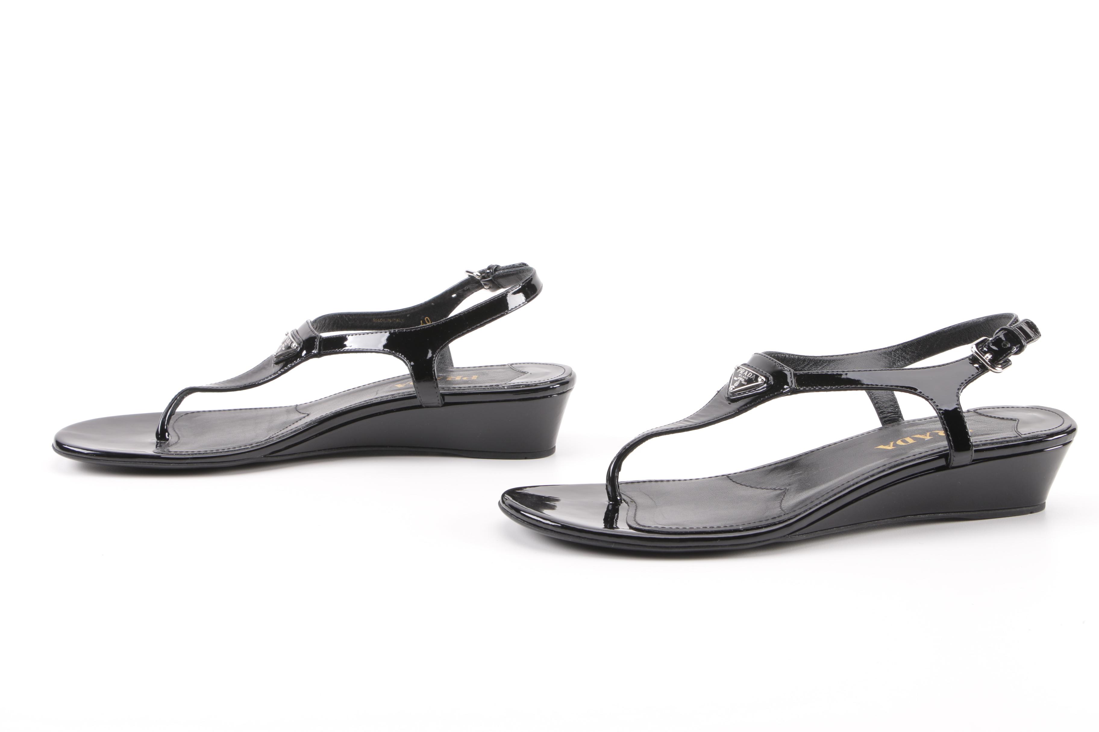 Prada Black Patent Leather Wedge Sandals