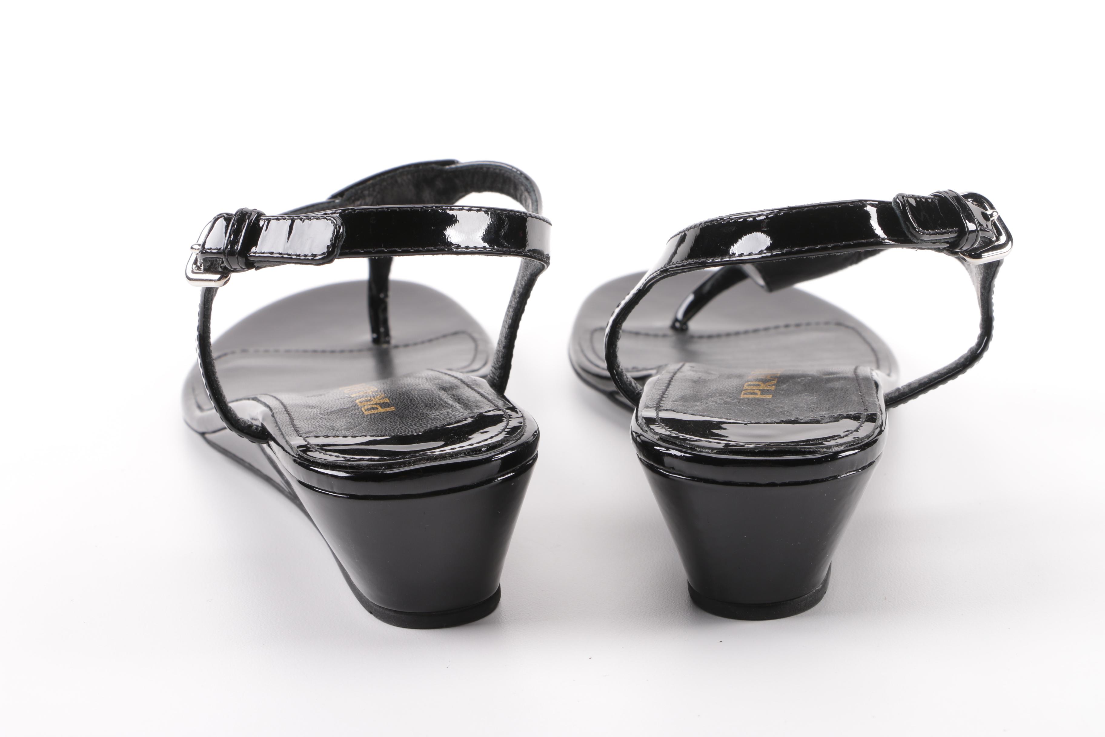 Prada Black Patent Leather Wedge Sandals