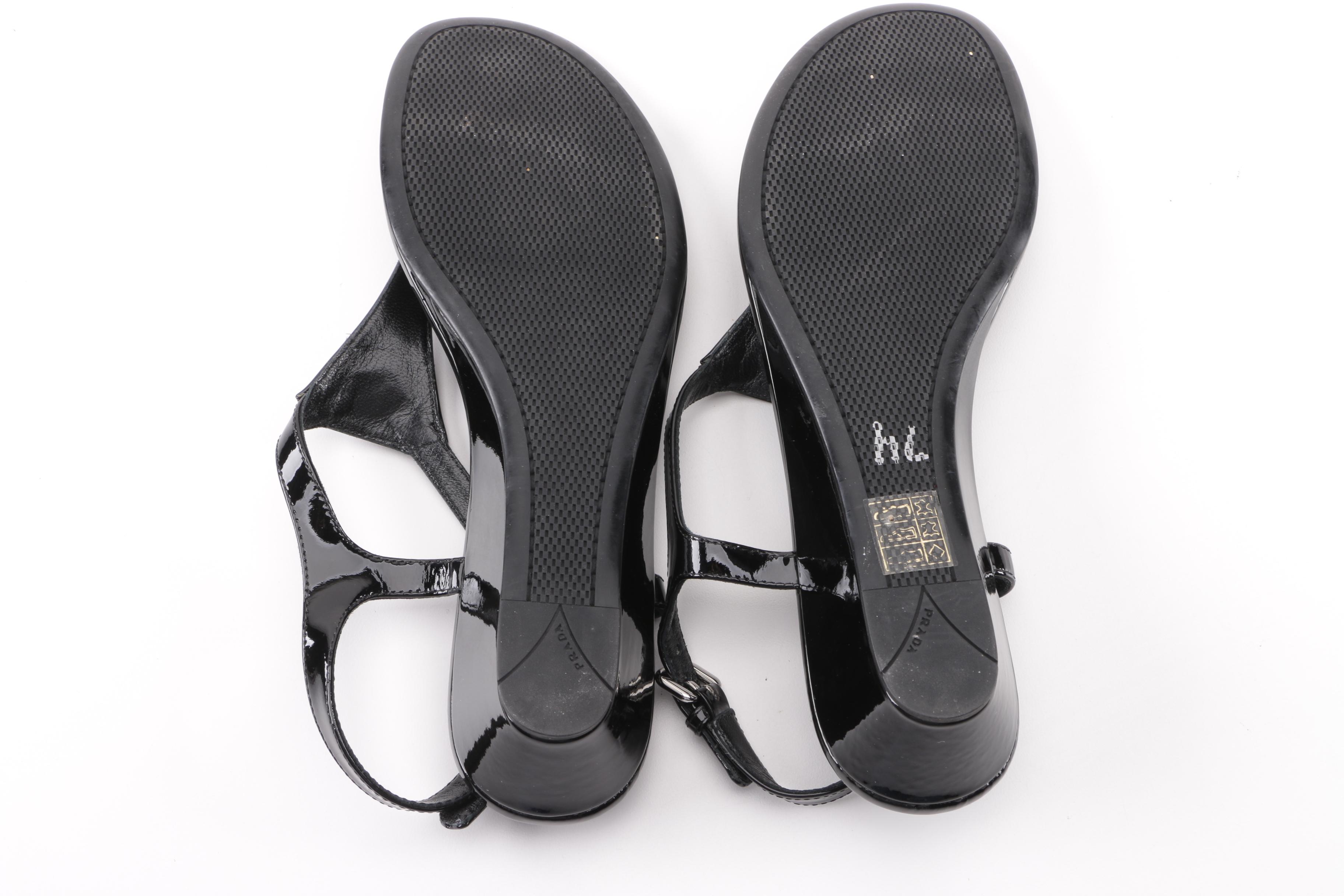 Prada Black Patent Leather Wedge Sandals