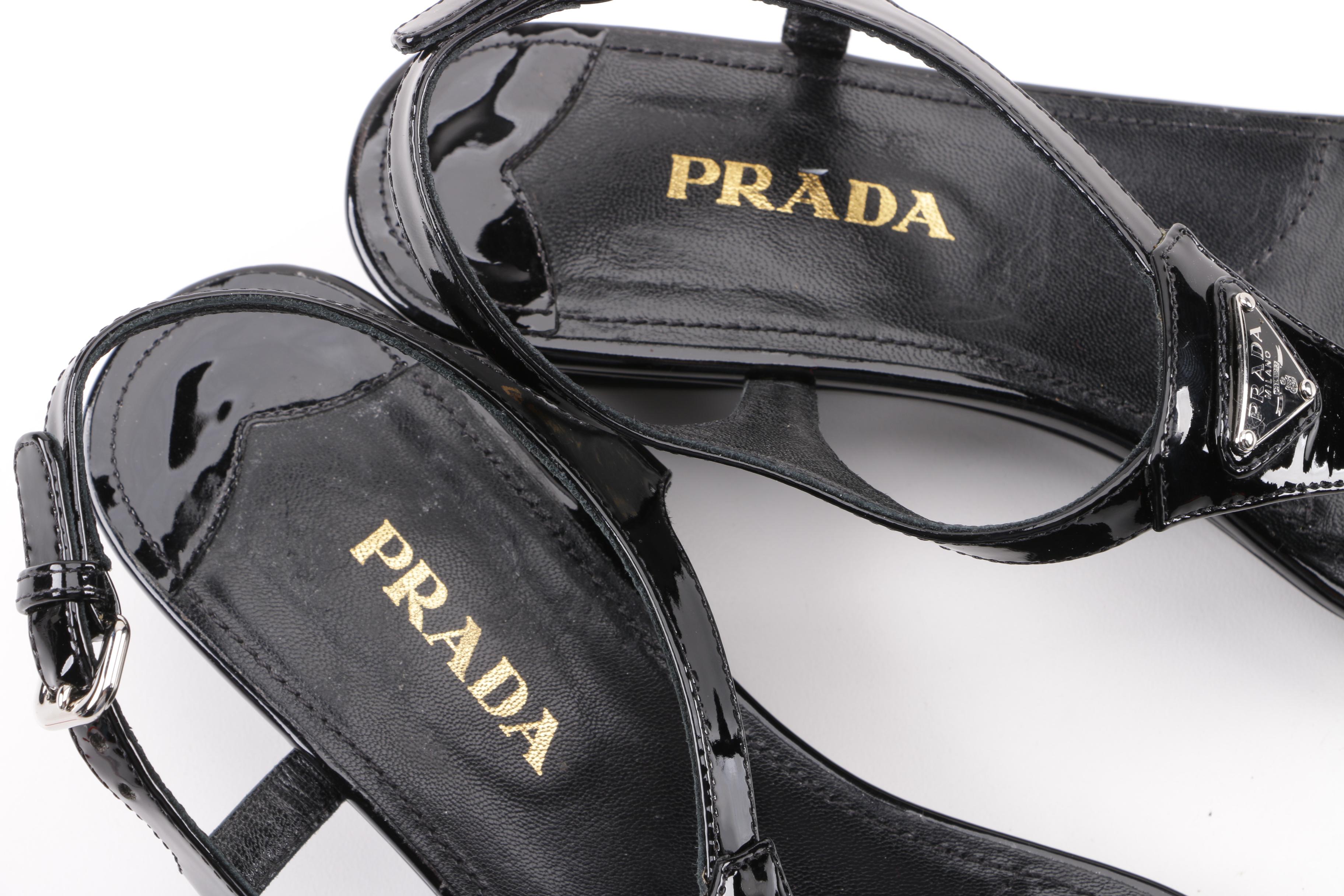 Prada Black Patent Leather Wedge Sandals
