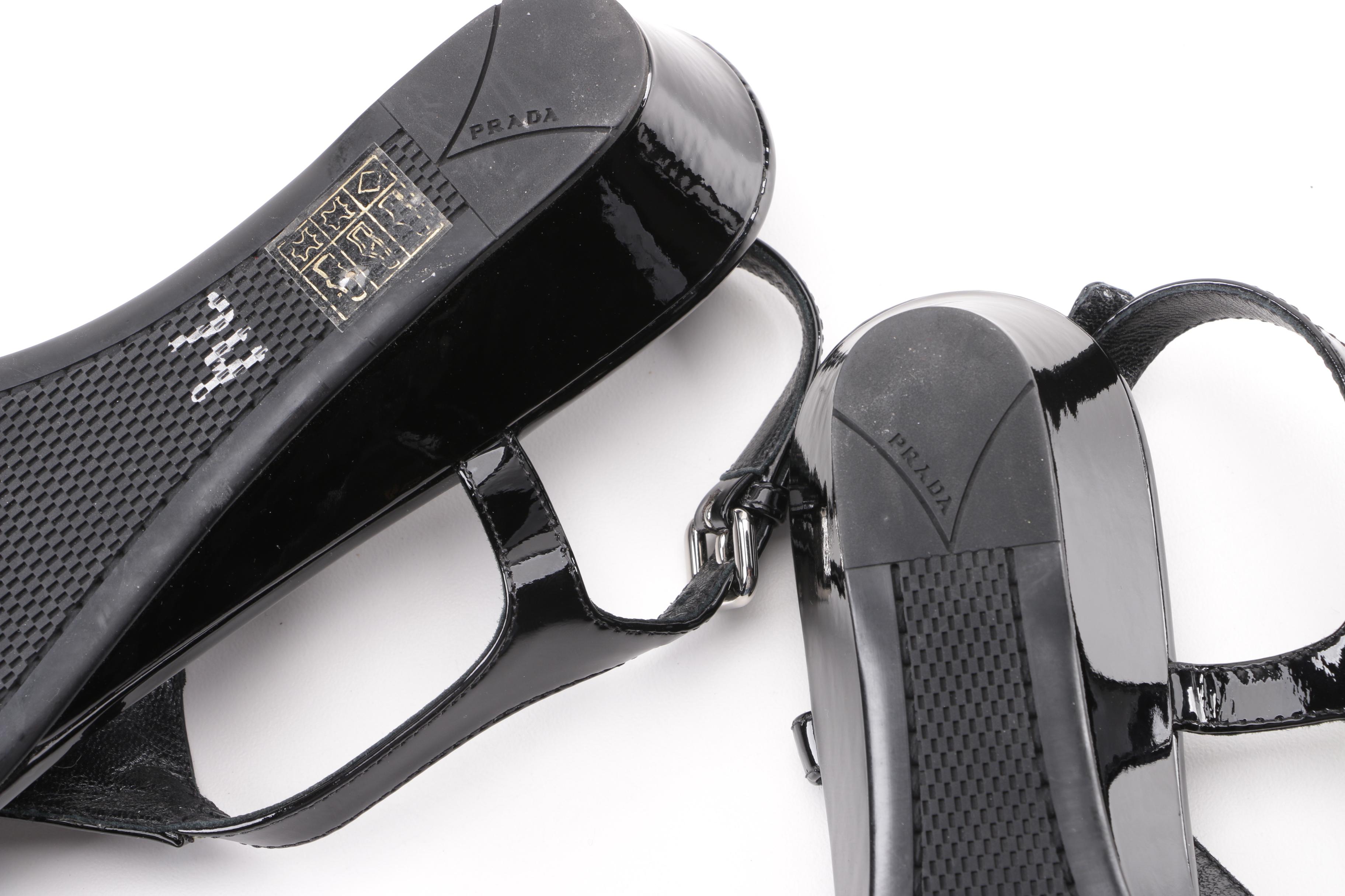 Prada Black Patent Leather Wedge Sandals