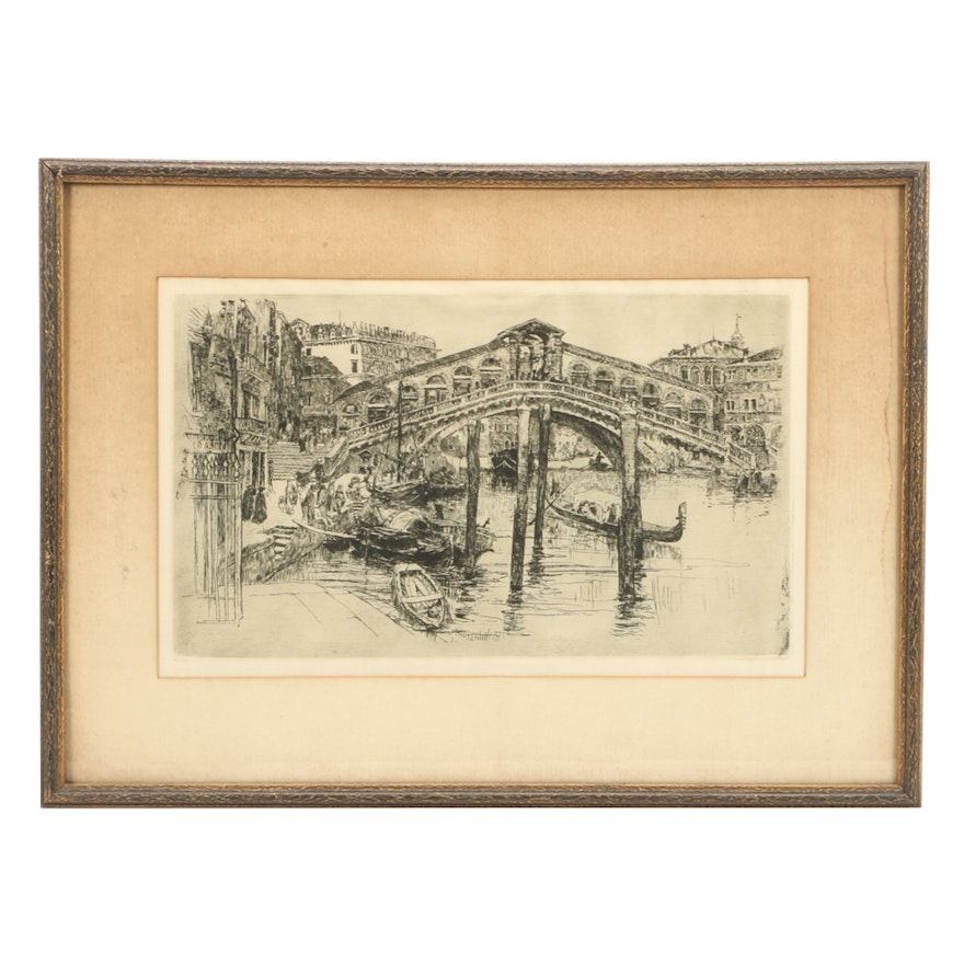 Frank Duveneck Etching "The Rialto Bridge, Venice"